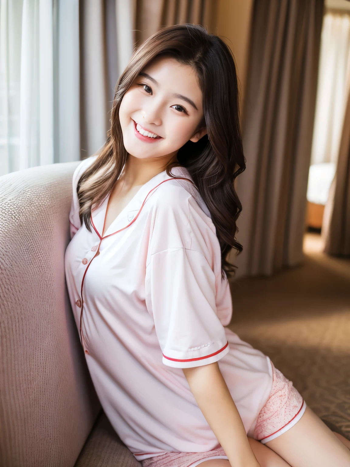 Cute 20 year old woman, A baby face like a 15-year-old idol Gentle and cute Laugh gently pajamas Underwear is visible Large hotel terrace RAW Photos Genuine Ultra-realistic High resolution RAW Photos