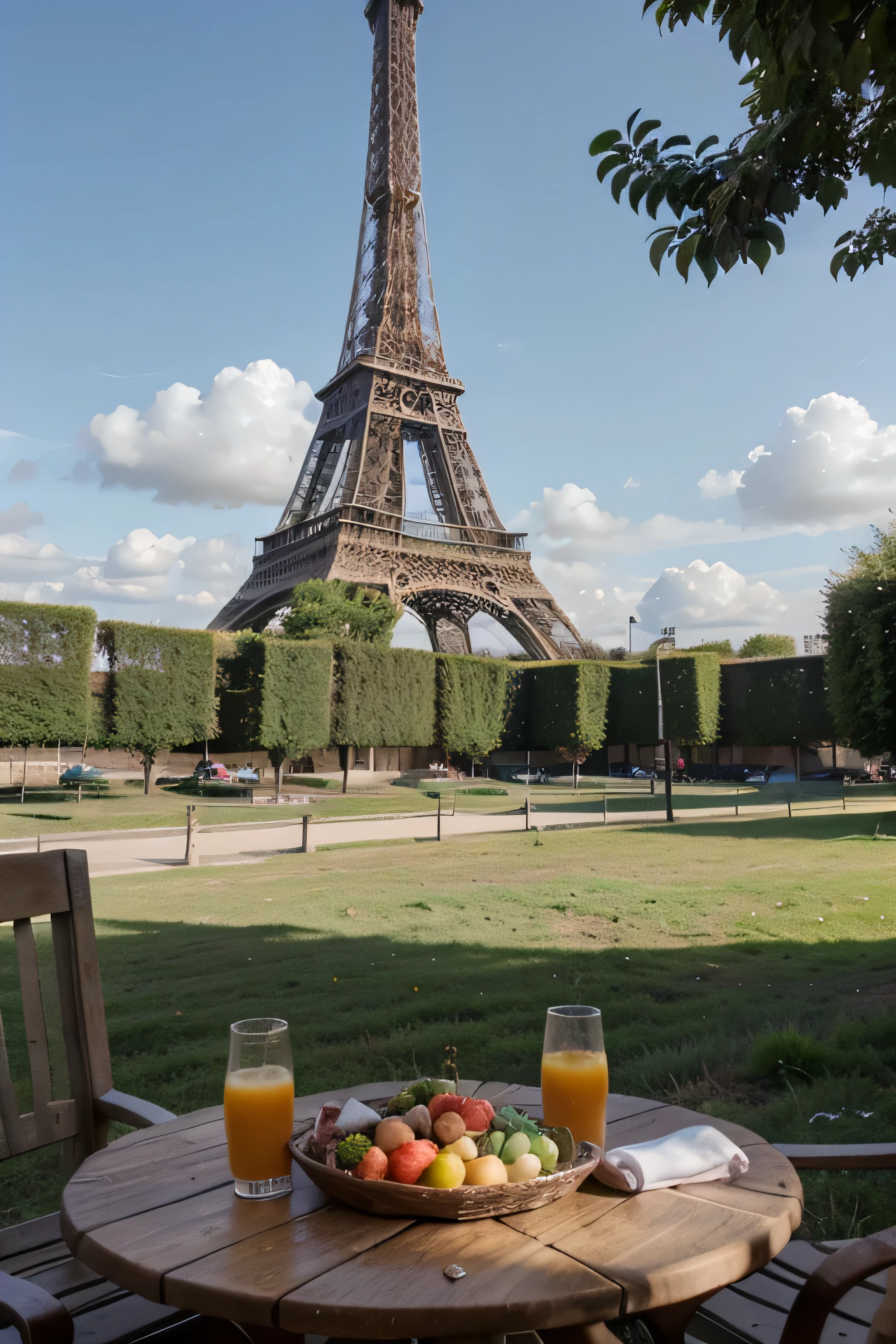 Haz una imagen de como se ve paris en verano,con cielos naranjas y un  paisaje caluroso agrega cielos naranjas y mas calidas