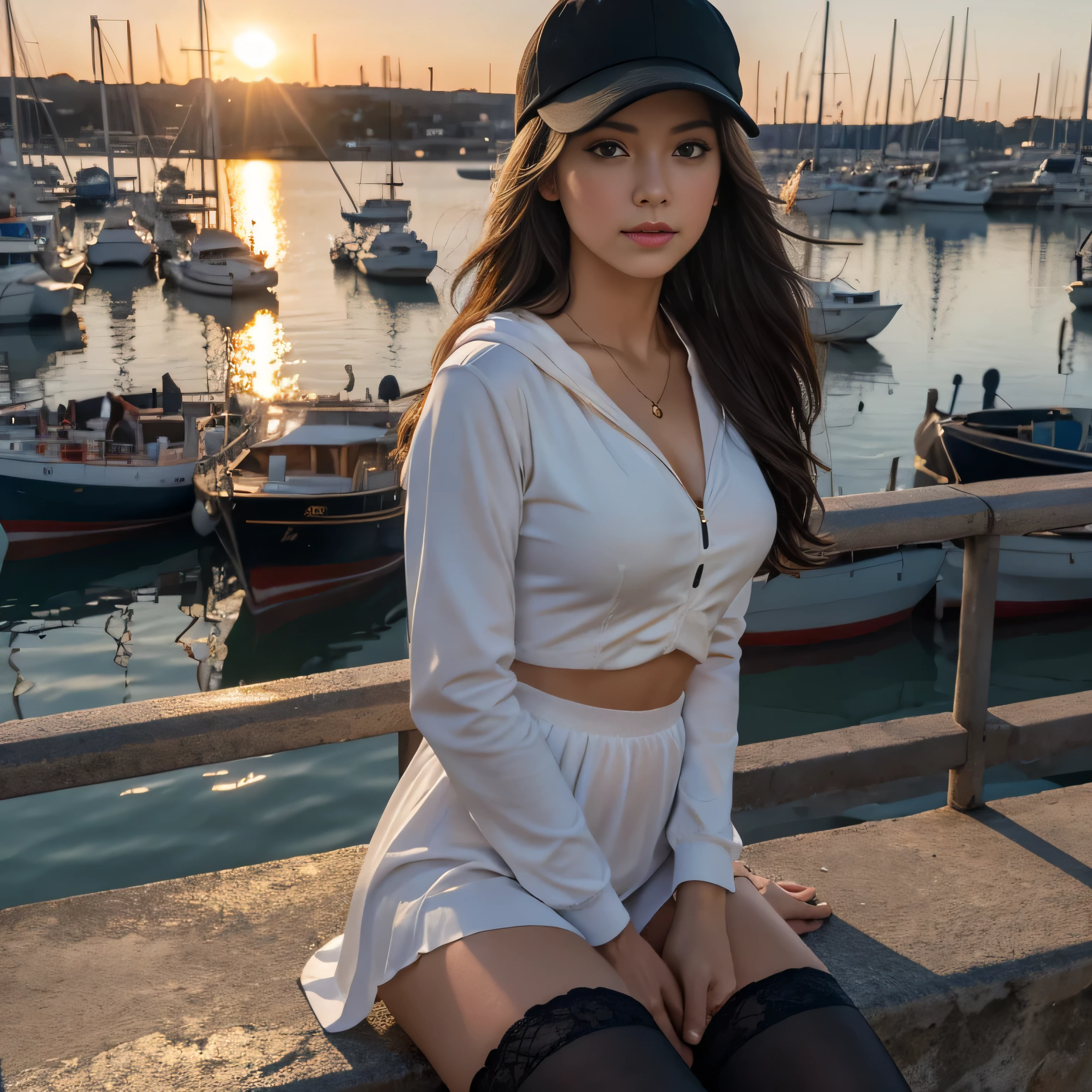 Medium shot, medium shot, depth of field, bust, upper body, cinematic angle, masterpiece, best quality, super detailed, CG, 8K wallpaper, pretty face, delicate eyes, a maiden, solo, white long hair, yellow eyes, hairpin, white shirt, black hooded jacket, black baseball cap, black stockings, black over-the-knee boots, show her panty cameltoe, sunset, medieval port, harbor, detailed water surface, sun reflection