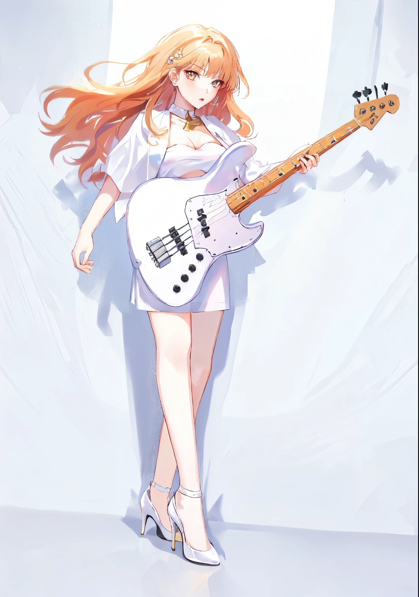 A girl in her 20s with long strawberry blonde hair and golden eyes, in with short white dress, and white heels, holding a bass guitar, in a studio lighting, promotional picture