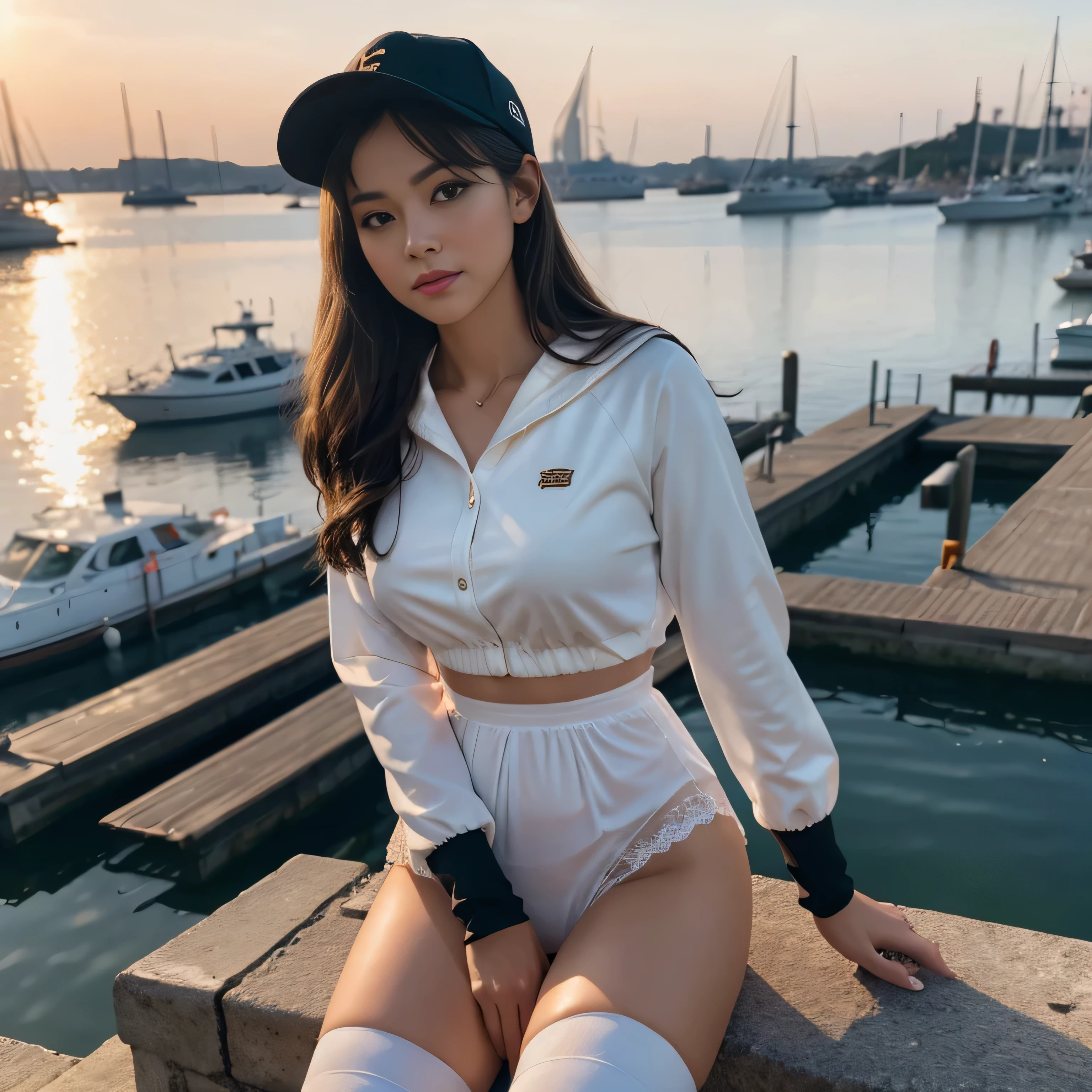 Medium shot, medium shot, depth of field, bust, upper body, cinematic angle, masterpiece, best quality, super detailed, CG, 8K wallpaper, pretty face, delicate eyes, a maiden, solo, white long hair, yellow eyes, hairpin, white shirt, black hooded jacket, black baseball cap, black stockings, black over-the-knee boots, show her panty cameltoe, sunset, medieval port, harbor, detailed water surface, sun reflection