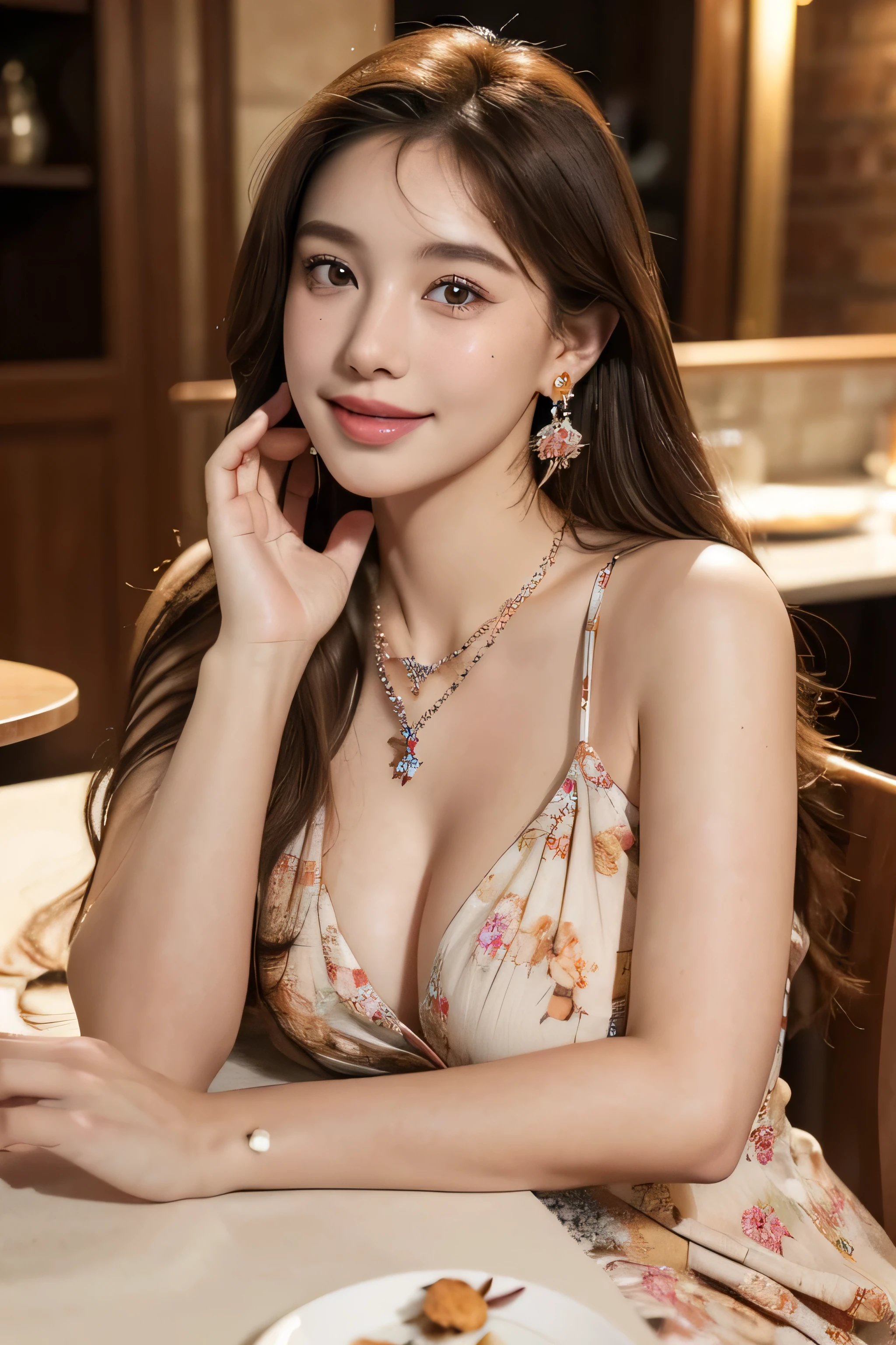 Ultra-high resolution, Better Quality, photo shoot, 4K, (Realistic:1.4) Freckle portrait photography , Big breasts super long brown hair, brown eyes,Wearing Big floral mini dress,shy smile,((Gorgeous necklace＿Large earrings:1.2)),Place your left hand gently on your chin、In a crowded café at dusk、salute