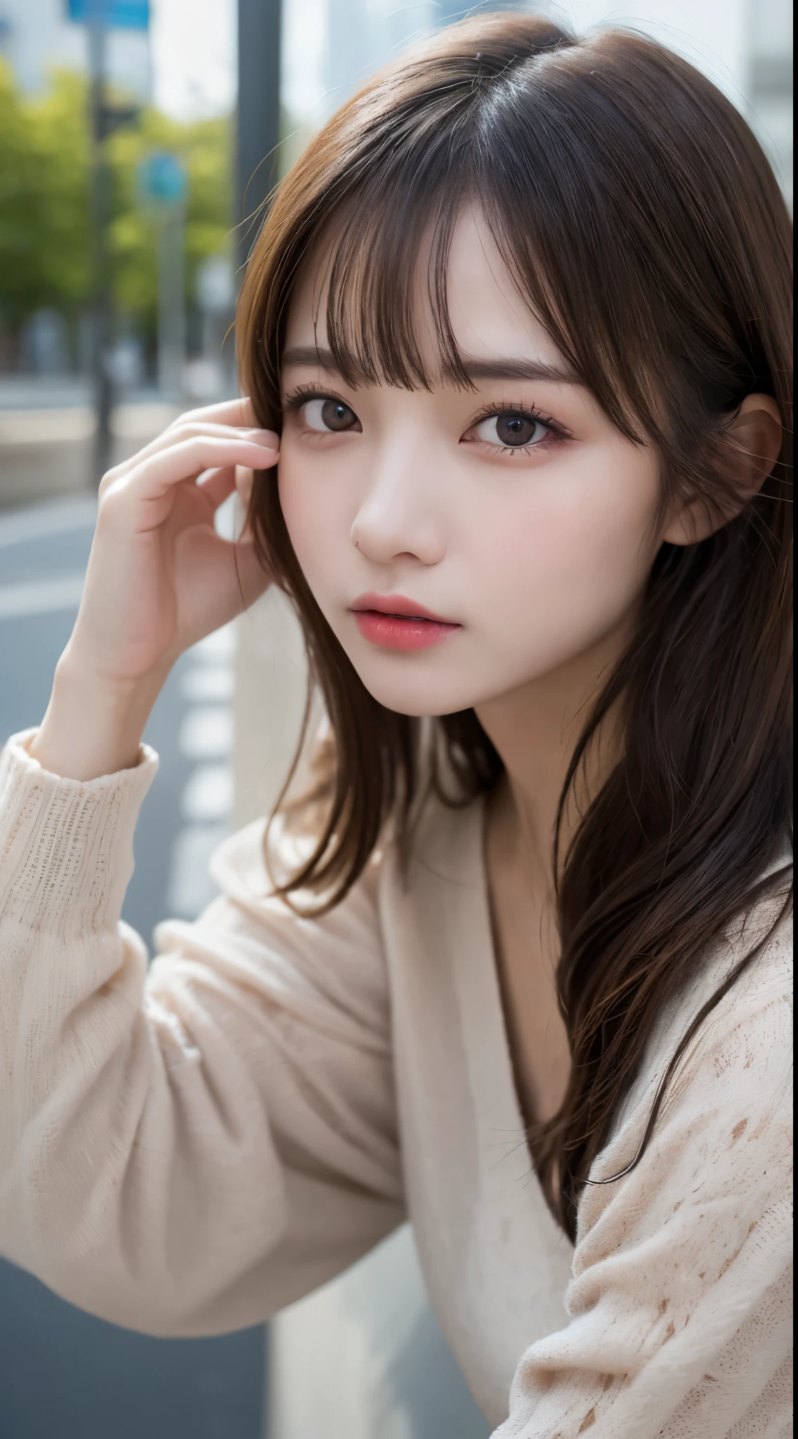 in detail, highest resolution, high quality、Complete dynamic configuration, beautiful and delicate eyes, medium hair, 、natural color lip,Kamimay、Shibuya、20 year old girl、1 person、transparent skin、shiny hair、table top, best quality, illustration, very detailed, in detail, highest resolution, 8K、correct state of the human body、Crouch down、sculpture model pose,Hair blowing in the wind
