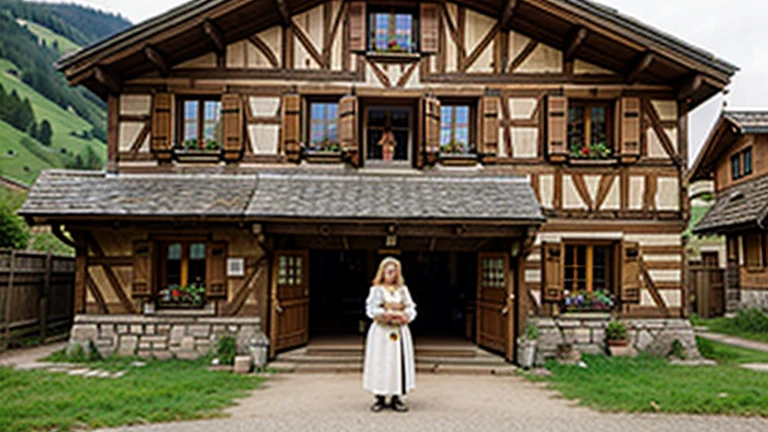 panoramic view, a Swiss village in medieval times, one woman, 18yo, tavern wench, is at the well fetching water, her faithful dog, Saint-Bernard, is beside her, she is blonde and buxom