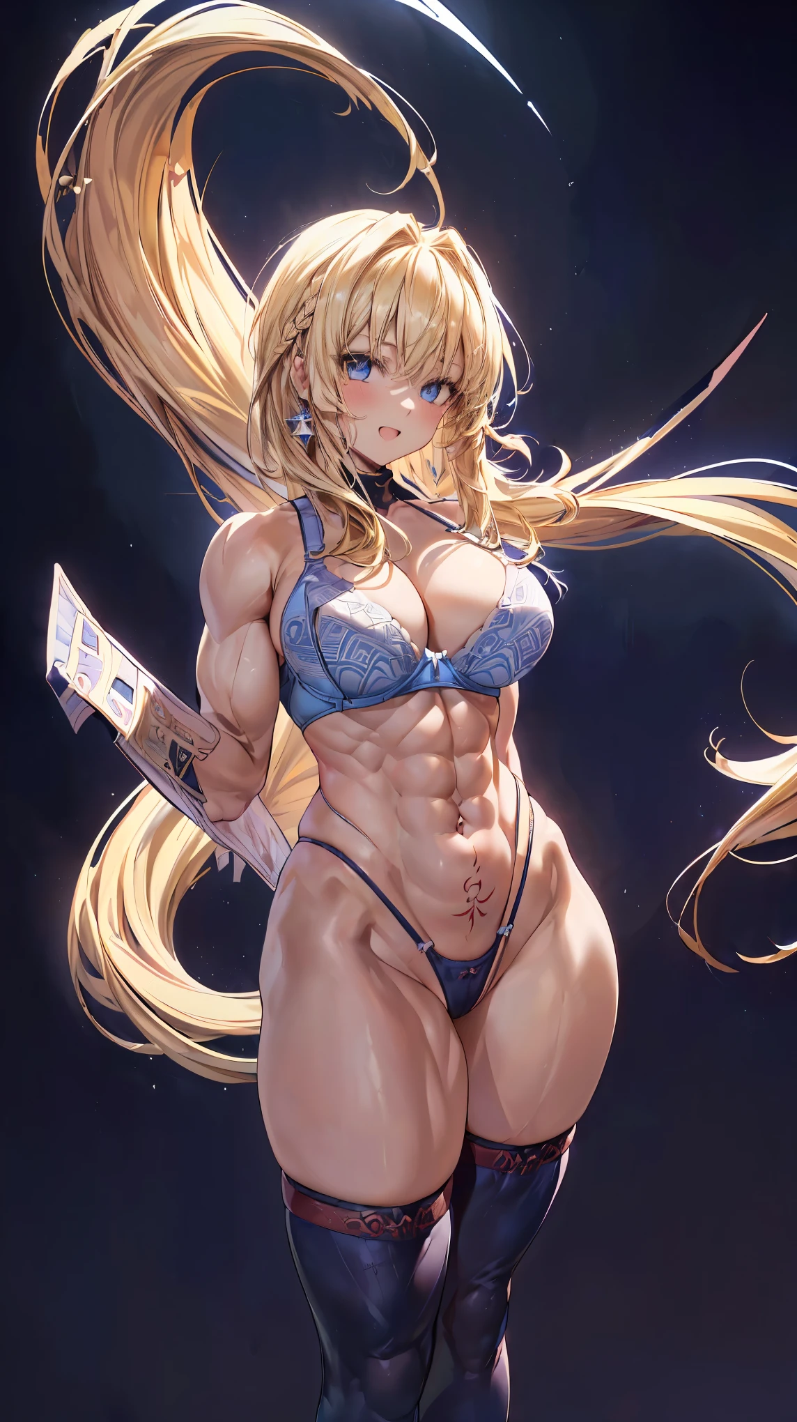 Very detailed、highest quality、Best image quality、masterpiece、8k、Anime Face、A kind smile、Sparkling blue eyes、(Blonde semi-long hair:1.5)、(Open Mouth:1.5)、(muscle:1.3)、(cowboy shot:1.5)、(SFW Giant)、(Thick body:1.2)、(High leg panties:2.0)、(bra:1.5)