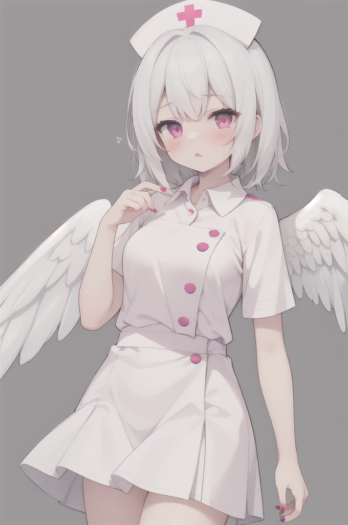 (masterpiece),(best quality),high resolution,(extremely delicate and beautiful),(Extremely detailed),Astonishing,Fine details,
1 Girl, breast, leg, Long hair, Pink Eyes, small breast, white hair,Angel Wings, collared skirt, collared shirt, skirt, wing, have, Nail polish, Nurse hat, Oversized objects, shirt, Short sleeve, white skirt, White Wings,Artist Logo, Outdated, Simple background,  username, White background,
,
((shining skin, Oily skin, shining)),
(light:1.2), (Volumetric Lighting),(Best shadows),
