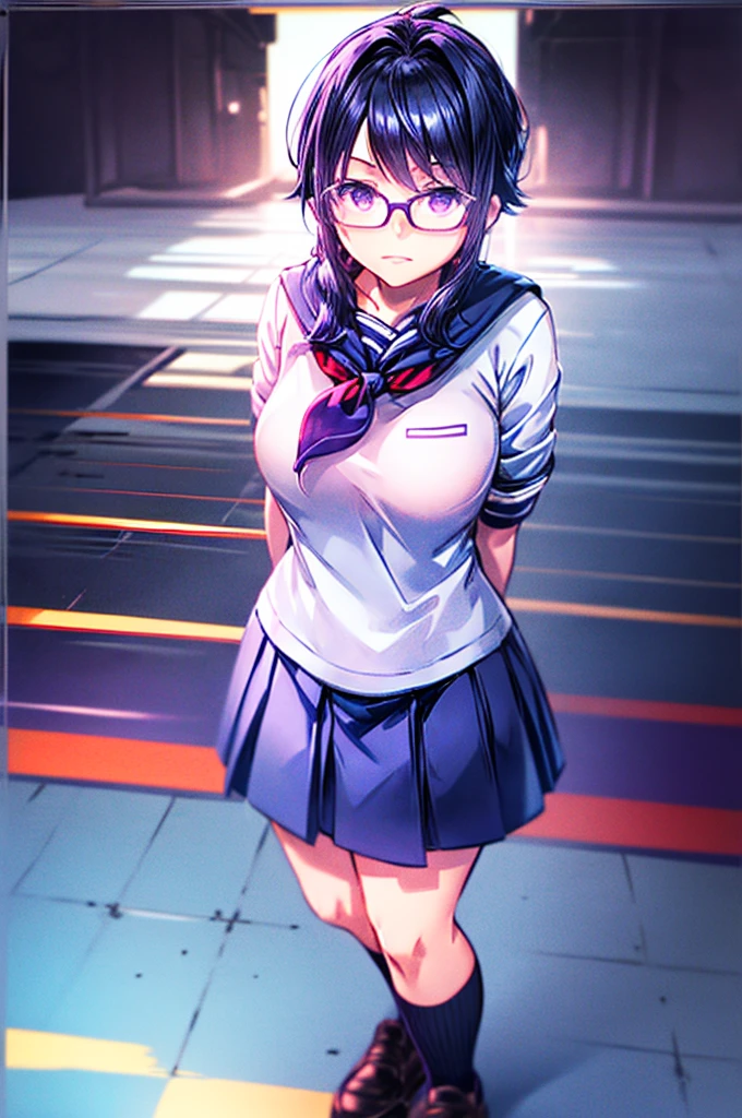 Girl2 Big Puffed Purple Hair,Glasses,Purple Eyes, a white and navy blue sailor uniform shirt with a red mini scarf, a matching navy blue skirt, White socks, and black shoes