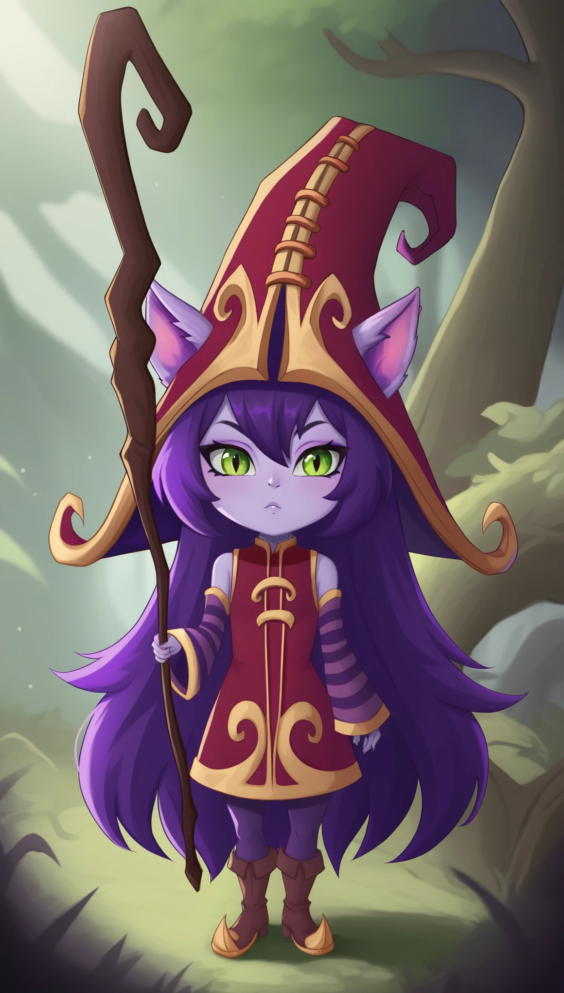 LuluLoLXL, yordle, green eyes, purple hair, very long hair, sidelocks, bangs, animal ears, purple skin, colored skin, witch hat, ears through headwear, red dress, purple striped sleeves, purple pantyhose, boots, staff, holding staff, solo, standing, looking at viewer, forest, tree