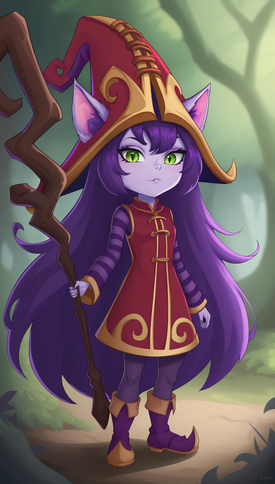 LuluLoLXL, yordle, green eyes, purple hair, very long hair, sidelocks, bangs, animal ears, purple skin, colored skin, witch hat, ears through headwear, red dress, purple striped sleeves, purple pantyhose, boots, staff, holding staff, solo, standing, looking at viewer, forest, tree