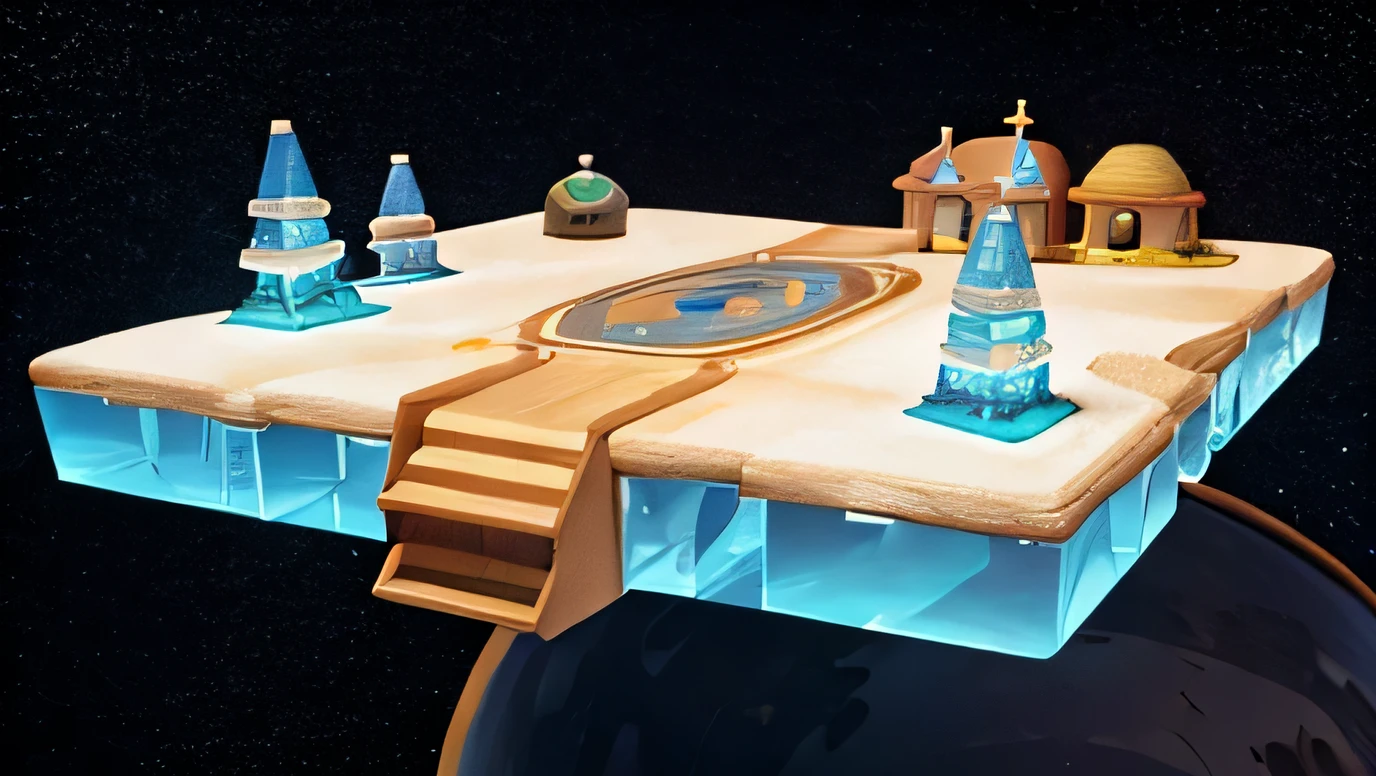 a map with various platform linked together with lines, floating with crystal in outer space, platform with various crystals and sand terrain