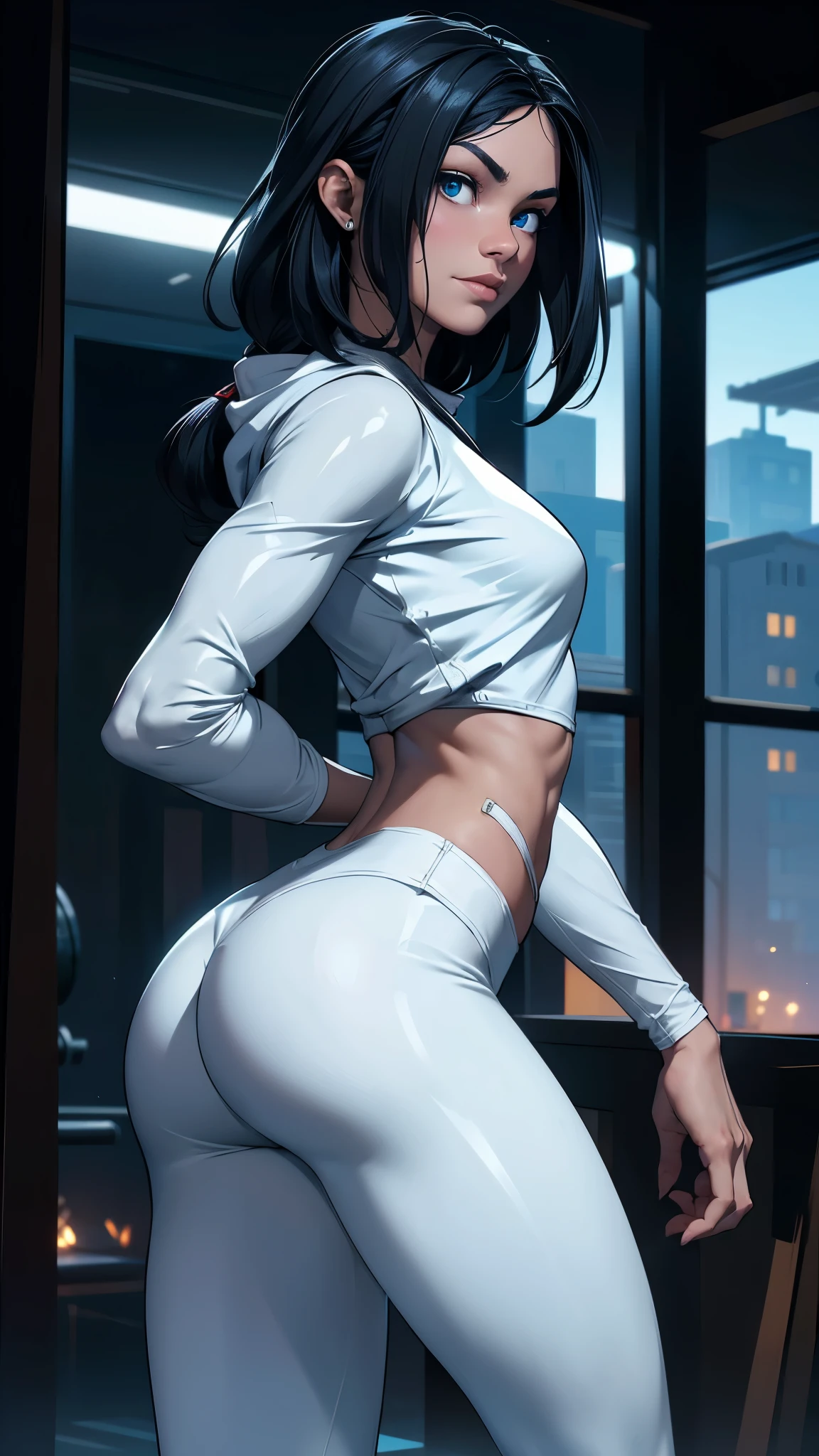 (1 mujer), (solo), maduro, pelo negro profundo, cabello ondulado, pelo corto, pale skin, camisa corta negra,(sudadera deportiva white :1.4) , cuerpo musculoso, promedio , tatuajes, (leggings white  intenso :1.4) ,(cabello white canoso :1.4), sonrisa arrogante, cicatrices en la cara, More detailed 8K.motor irreal:1.4,HD,La mejor calidad:1.4, fotorrealista:1.4, textura de la piel:1.4, obra maestra:1.8,obra maestra, mejor calidad,objeto Objeto], (rasgos faciales detallados:1.3),(Las proporciones correctas),(Ojos hermosos azules:1.4 ),  (pose vaquero), ,(Fondo gimnasia GYM aparatos deportivos :1.4 ), (medias blancas brillantes/grilletes:1.4),(perfect anatomy :1.4), (rear view, backside view),, (mostrando culo hermoso),( Only), (gym:1.4), (Cinematic V2.1), cinematic lighting,( OUTFITS DEPORTIVOS :1.4), (OUTFITS DEPORTIVOS V2.1), (moda deportiva 2024),( dedos hermosos detailed :1.4) 