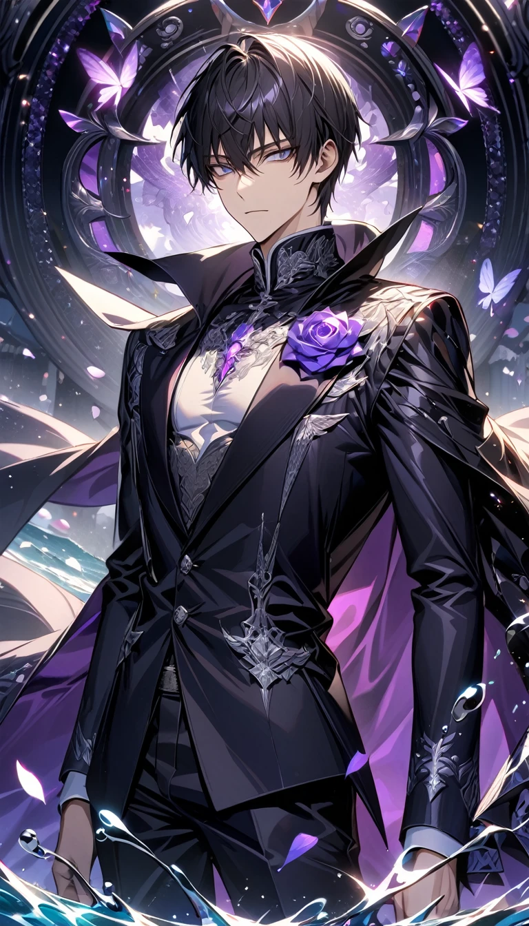 Ultra detailed, HDR, Highres, absurdres, master piece, Nicholas D Wolfwood, black straight hair, expressive silver eyes, black cape with patterns, Trigun, black sunglasses, purple glittering butterflies, purple ice, petals, purple ice roses, sexy man, solo, extremely detailed face and eyes, handsome, glittering, water, white tight shirt, toned chest,