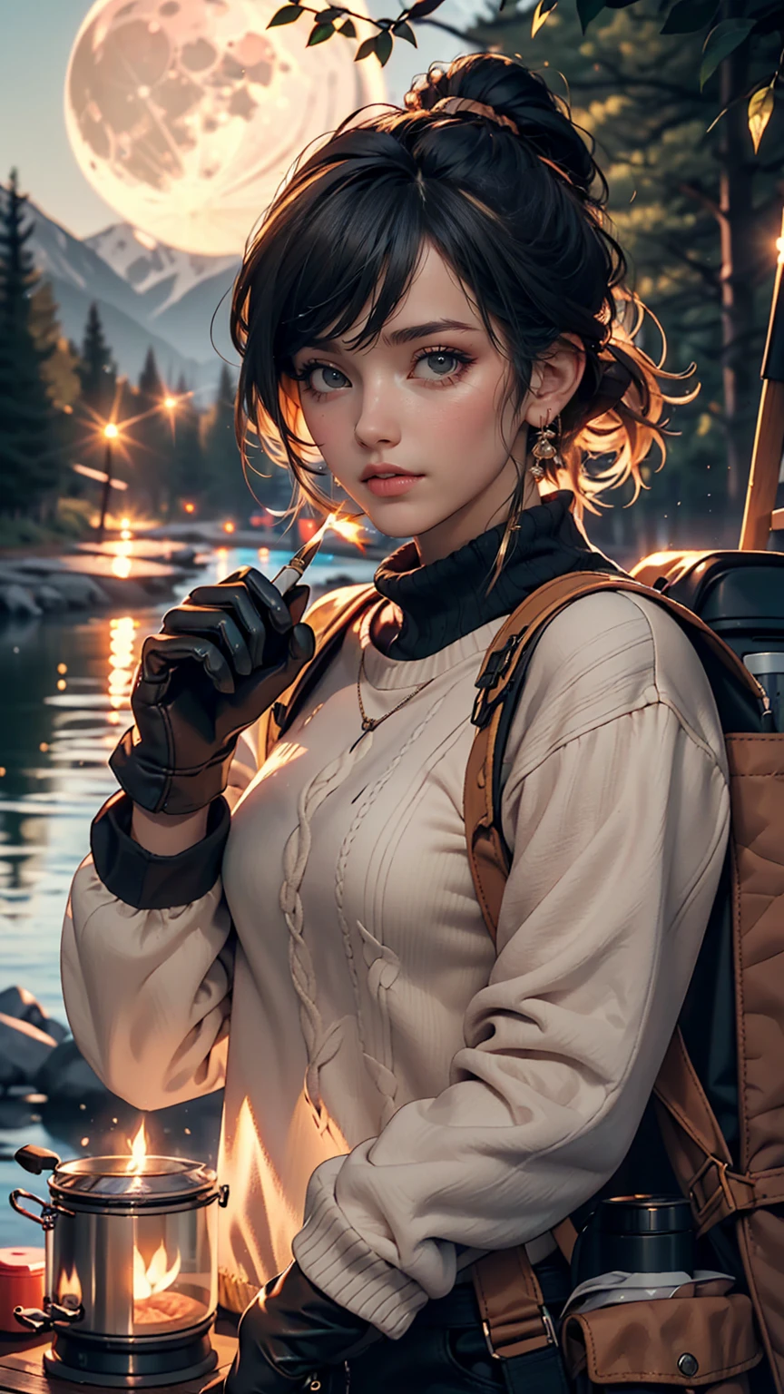 1 female((Upper body selfie, Happy)), masterpiece, highest quality, Very detailed, alone, Outdoor, (night), Mountain々, nature, (performer, moon) Hilarious, Happy, Backpack, sleeping bag, Camping stove, Water bottle, Mountain boots, gloves, sweater, Have, flashlight, forest, rock, river, wood, cigarette, Shadow, Contrast, sunny, Analog Style (View the viewer:1.2) (Skin Texture) (Film Grain:1.3), (Warm shades, Warm Tones)