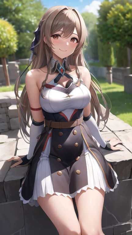 Obra maestra, mejor calidad, high resolution, fel1, guanteletes de novia, muslos negros, hombros descubiertos, belt, correas de liga, vestido blanco, guantes de codo, al aire libre, sonrisa, tiro de vaquero,