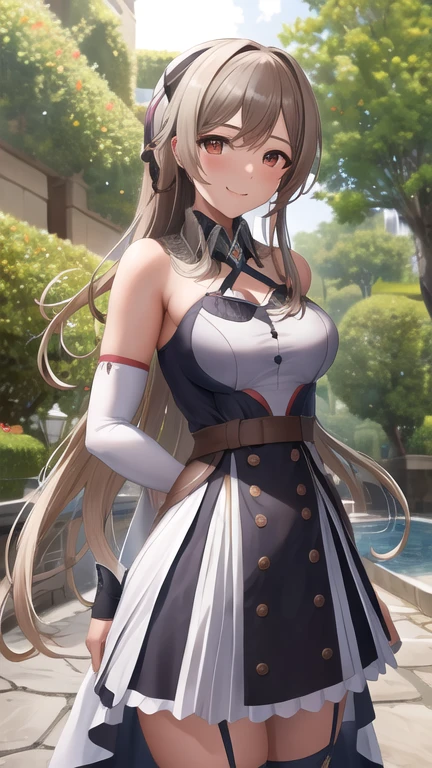 Obra maestra, mejor calidad, high resolution, fel1, guanteletes de novia, muslos negros, hombros descubiertos, belt, correas de liga, vestido blanco, guantes de codo, al aire libre, sonrisa, tiro de vaquero,
