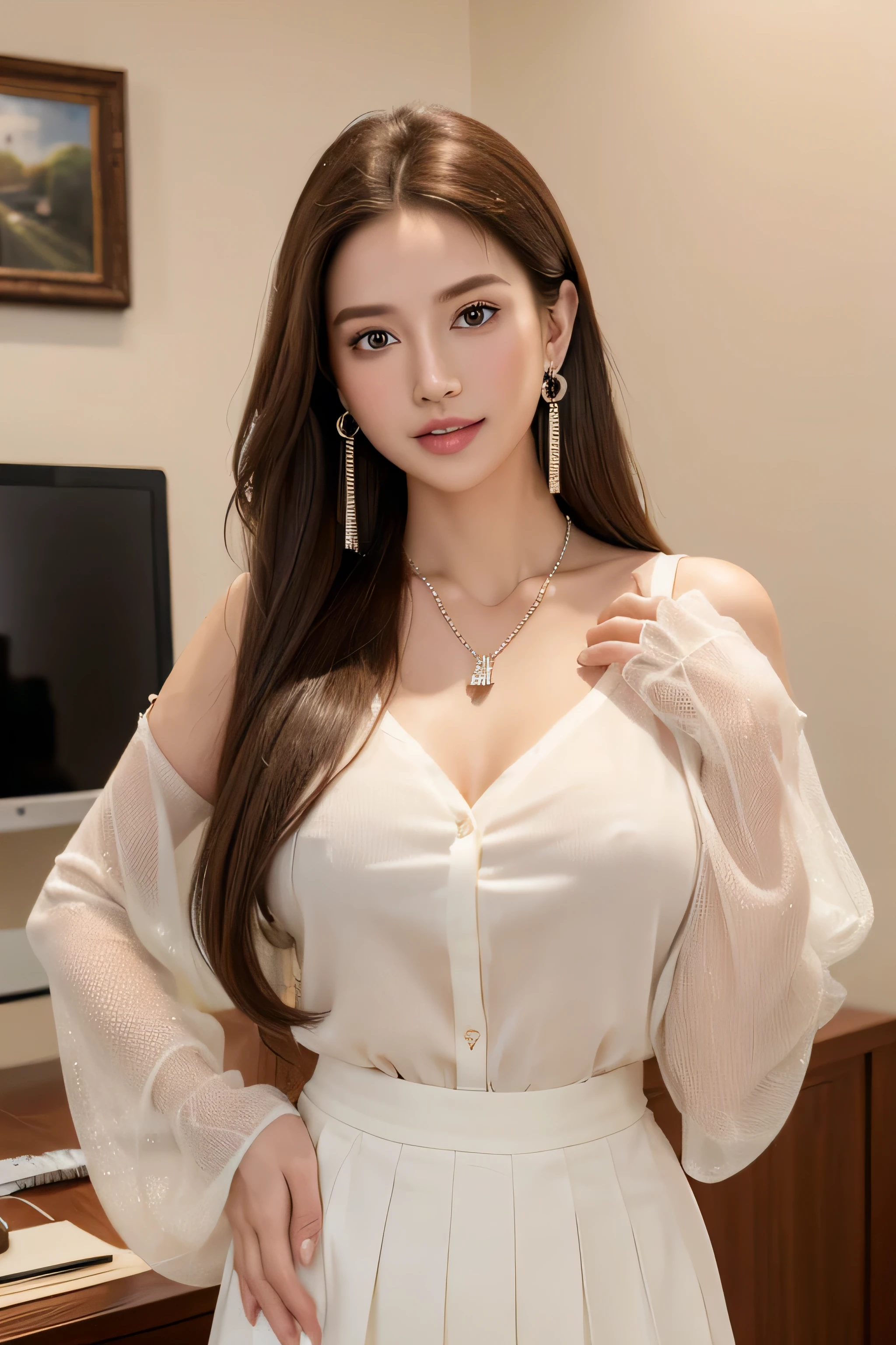 Ultra-high resolution, Better Quality, photo shoot, 4K, (Realistic:1.4) Freckle portrait photography , Big breasts super long brown hair, brown eyes,Wearing a classy Button shirt_long see-through sleeves、Pleated skirt in off-white,shy smile,((Gorgeous necklace_Large earrings:1.2)),Place your left hand gently on your chin、in the stylish office at night