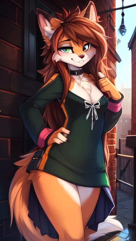by kenket, Ross Tran, ruan jia, zaush, foxovh, by Zackary911, by hyattlen, by teranen, by fumiko, by Pixelsketcher, by Bayard Wu, by Thomas Benjamin Kennington, by Einshelm, by Kilinah, by Coffeesoda, by Hioshiru, by fluff-kevlar, by r-mk, by Dimwitdog, uploaded E621, beautiful and detailed portrait of a woman (((boy))) anthro bunny, lighting Zenematic, seductive, bl, bunny, thighighs, big chest, full body, beautiful, messy hair, brown hair, white eyes, thicc, solo, standing, long hair, 2-tone hair ((orange | black)), cat ears, Totora, Totora, Thighighs, Calico cat, Heterochromia ((green | blue)), pink crop top with long sleeves, black skirt, dark alley, (hair over eye, one eye obstructed:1.1)