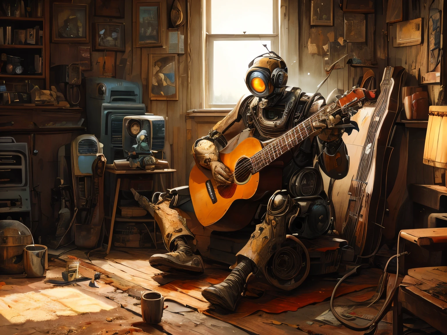  an old robot playing an acoustic guitar and a baby at his feet, oil painting, detailed robot with rusted parts, worn-out guitar, cozy living room setting, warm and soft lighting, vibrant colors, realistic and high-quality, vintage style, ark, mysterious, haunting, dramatic, ornate, detailed