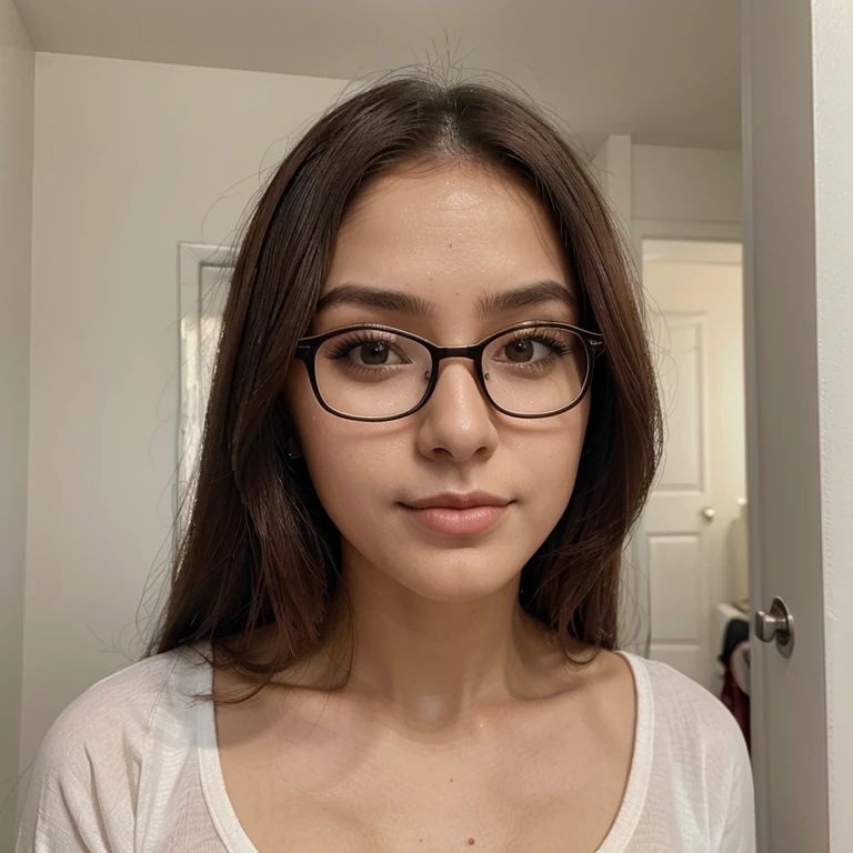 crie uma mulher de beleza mediana com mais ou menos 22 anos de idade, parda, de cabelos morenos e lisos, rosto arredondado, with glasses