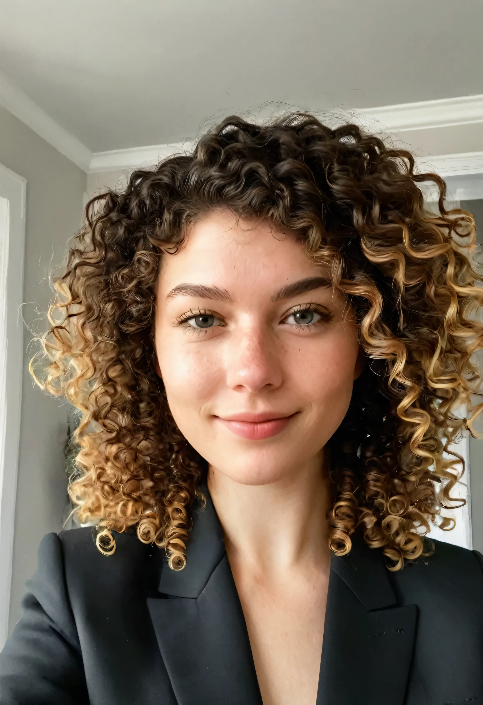 selfie instagram , une femme magnifique de 25 ans , slight smile , detailed face and eyes , natural lighting , At home , curly hair, wear a fitted suit, Grain du film, faible contraste, Visage naturel , barbe, Cheveux noirs , yeux verts