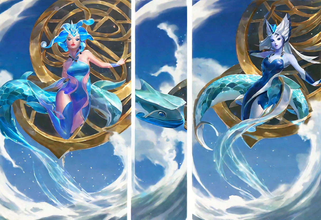 (2 subjects) (Subject 1: Cryptic girl in an action pose descending from the sky) and her companion (subject 2: a blue skinned water nymph, jewel adorned) stop the whalers