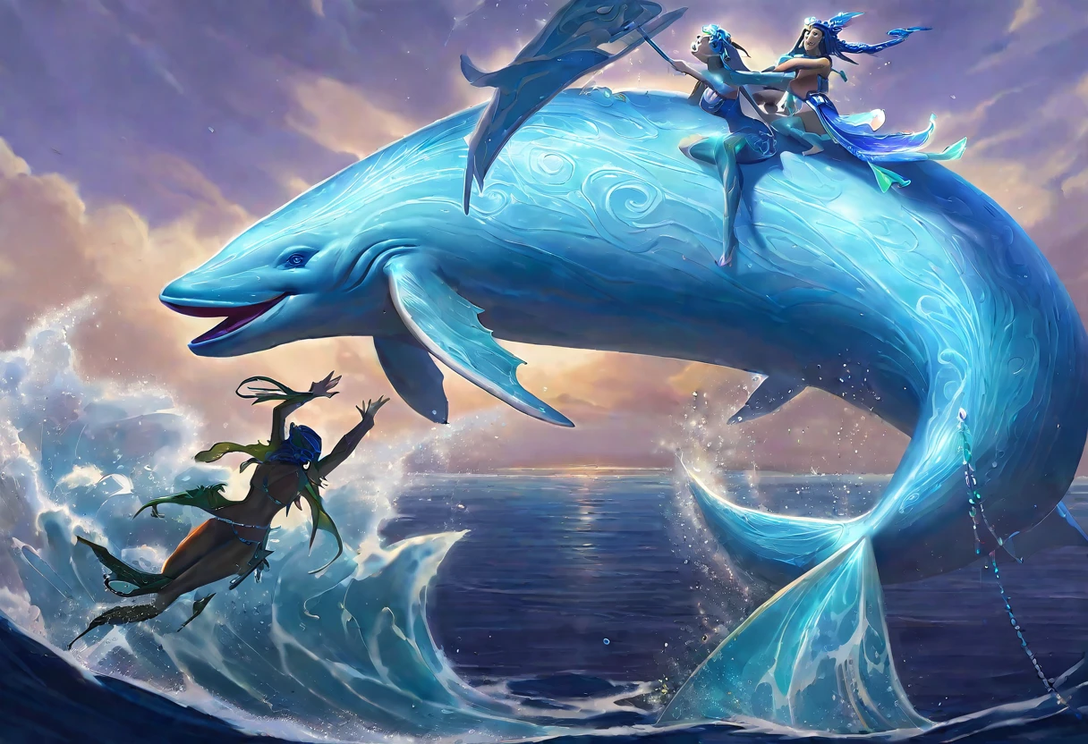 (2 subjects) (Subject 1: Cryptic girl in an action pose descending from the sky) and her companion (subject 2: a blue skinned water nymph, jewel adorned) stop the whalers