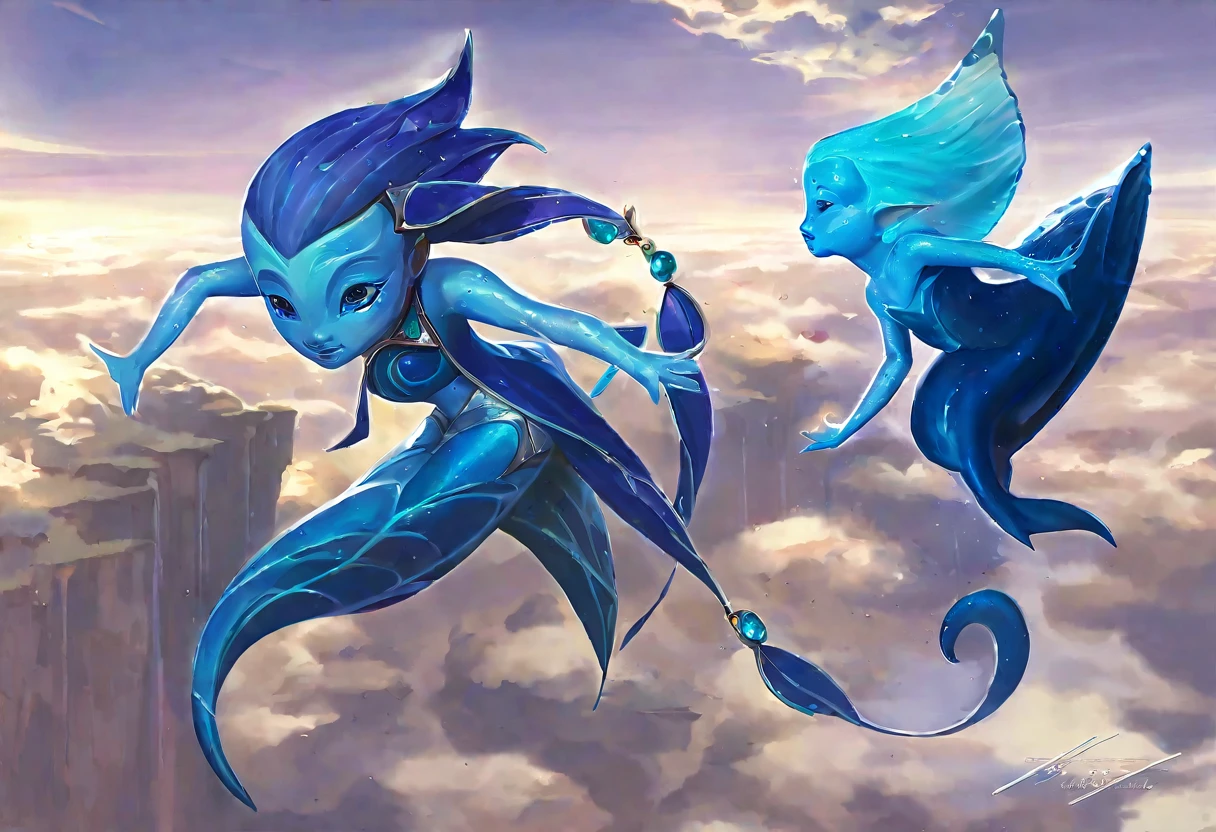 (2 subjects) (Subject 1: Cryptic girl in an action pose descending from the sky) and her companion (subject 2: a blue skinned water nymph, jewel adorned) stop the whalers