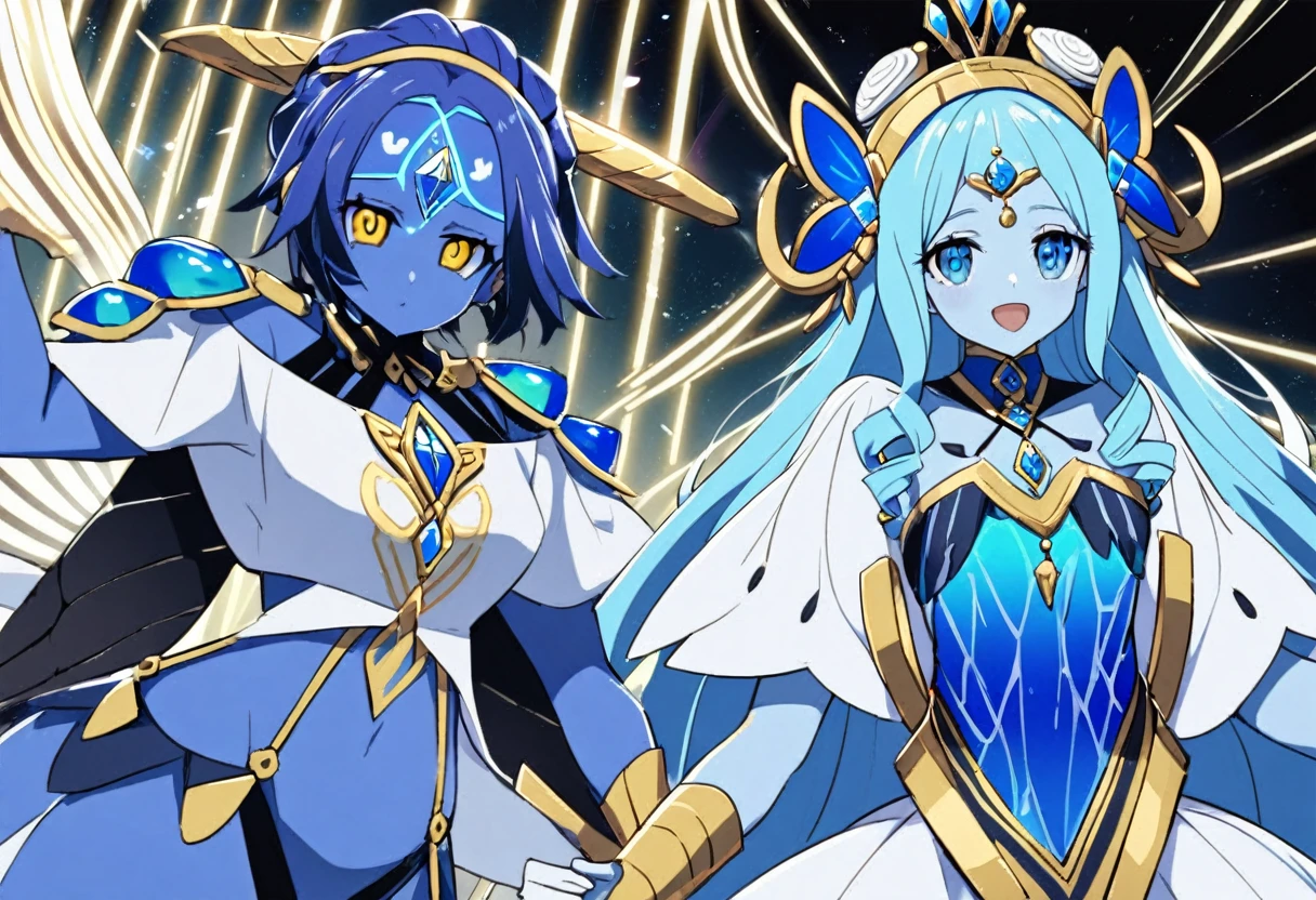 (2 subjects) (Subject 1: Cryptic girl in an action pose descending from the sky) and her companion (subject 2: a blue skinned water nymph, jewel adorned) stop the whalers