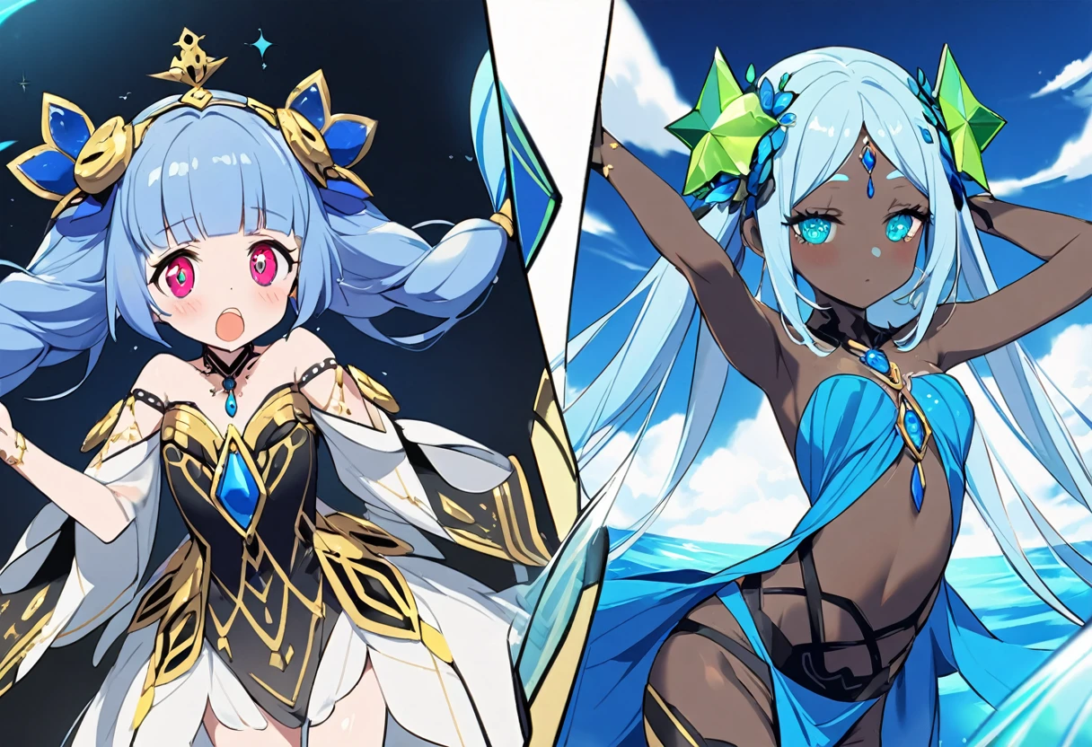(2 subjects) (Subject 1: Cryptic girl in an action pose descending from the sky) and her companion (subject 2: a blue skinned water nymph, jewel adorned) stop the whalers