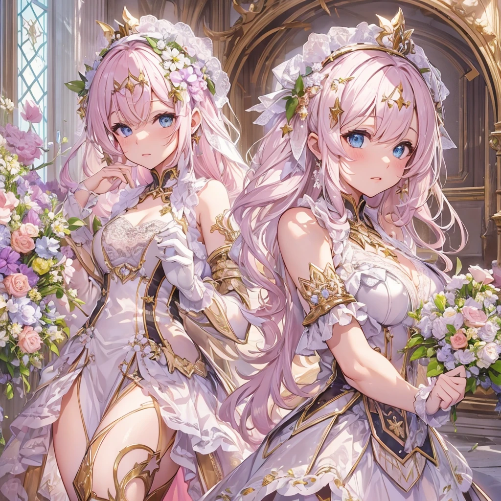 ((masterpiece, best quality)), Delicate face, Character Design Sheet, Full Body Love, Rich in details, Multiple poses and expressions, Very detailed, depth, Many parts,Beautiful maid,holding a shield,Double tail,fantasy style,Pink,Extremely beautiful,high balance, Natural light, Lace,Lace连裤袜,Sunny décor,star decoration