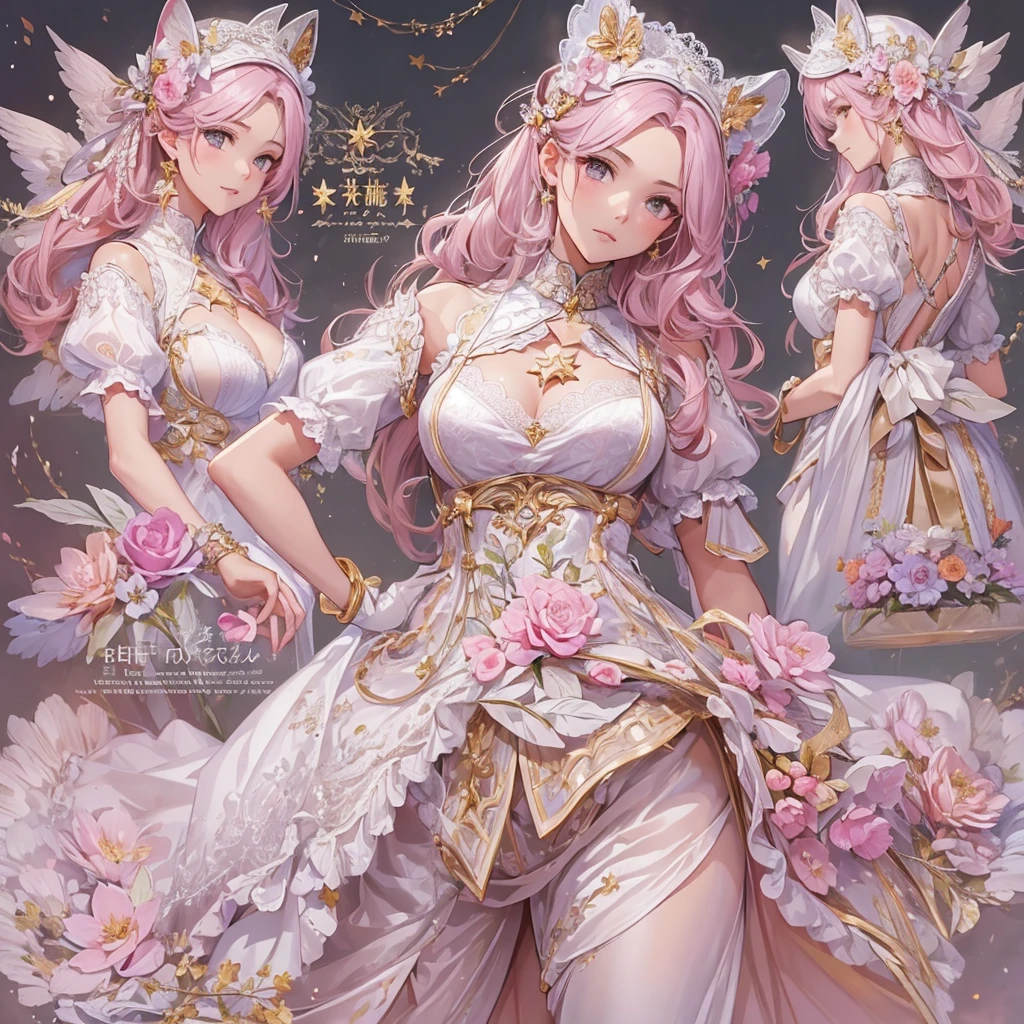 ((masterpiece, best quality)), Delicate face, Character Design Sheet, Full Body Love, Rich in details, Multiple poses and expressions, Very detailed, depth, Many parts,Beautiful maid,holding a shield,Double tail,fantasy style,Pink,Extremely beautiful,high balance, Natural light, Lace,Lace连裤袜,Sunny décor,star decoration