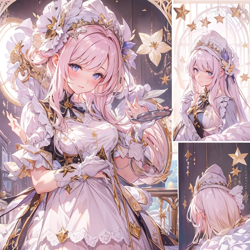 ((masterpiece, best quality)), Delicate face, Character Design Sheet, Full Body Love, Rich in details, Multiple poses and expressions, Very detailed, depth, Many parts,Beautiful maid,holding a shield,Double tail,fantasy style,Pink,Extremely beautiful,high balance, Natural light, Lace,Lace连裤袜,Sunny décor,star decoration
