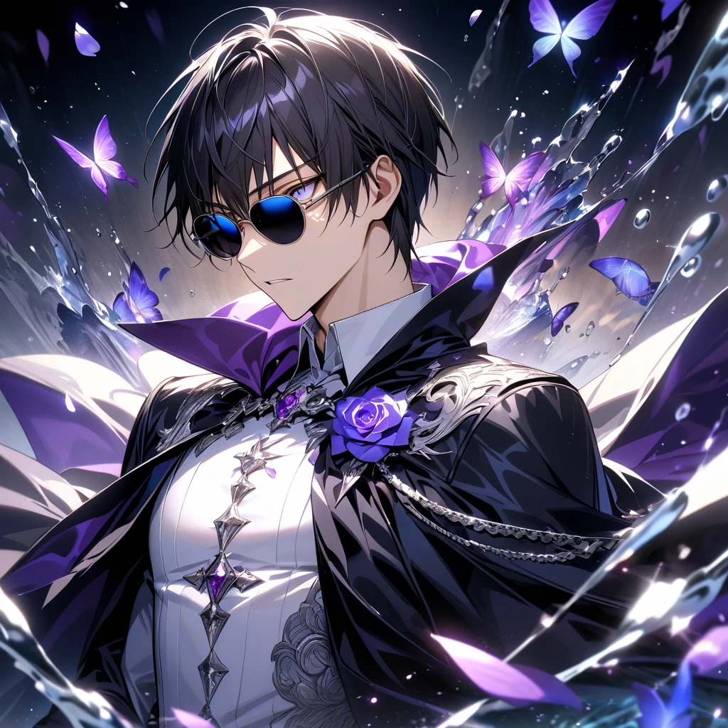 Ultra detailed, HDR, Highres, absurdres, master piece, Nicholas D Wolfwood, black straight hair, expressive silver eyes, black cape with patterns, Trigun, black sunglasses, purple glittering butterflies, purple ice, petals, purple ice roses, sexy man, solo, extremely detailed face and eyes, handsome, glittering, water, white tight shirt, toned chest,