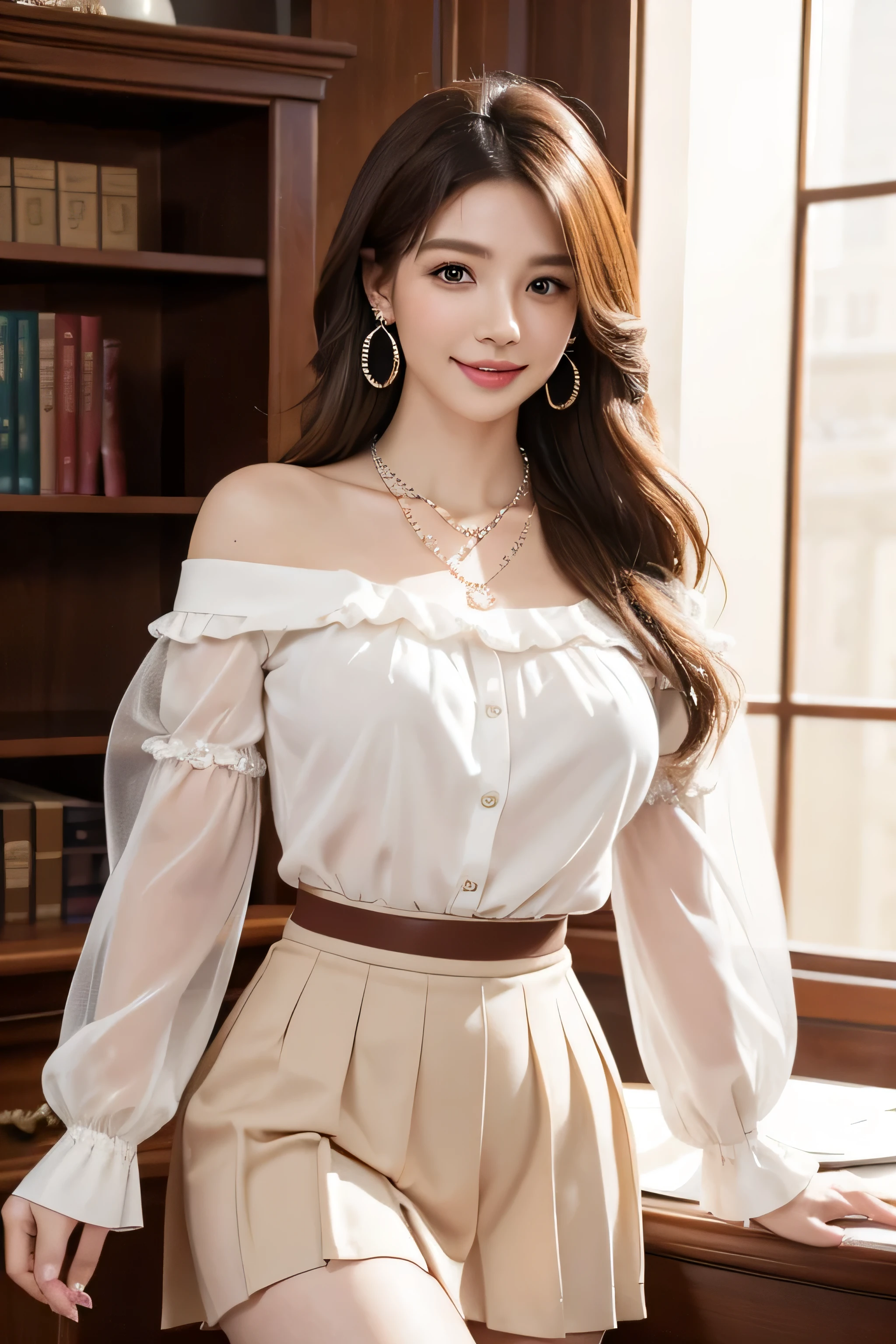 Ultra-high resolution, Better Quality, photo shoot, 4K, (Realistic:1.4) Freckle portrait photography , Big breasts super long brown hair, brown eyes,Wearing frilled white shirt_long see-through sleeves、Pleated mini skirt in off-white,shy smile,((Gorgeous necklace＿Large earrings:1.2)),left hand on waist_right hand on groin、in the stylish office at night