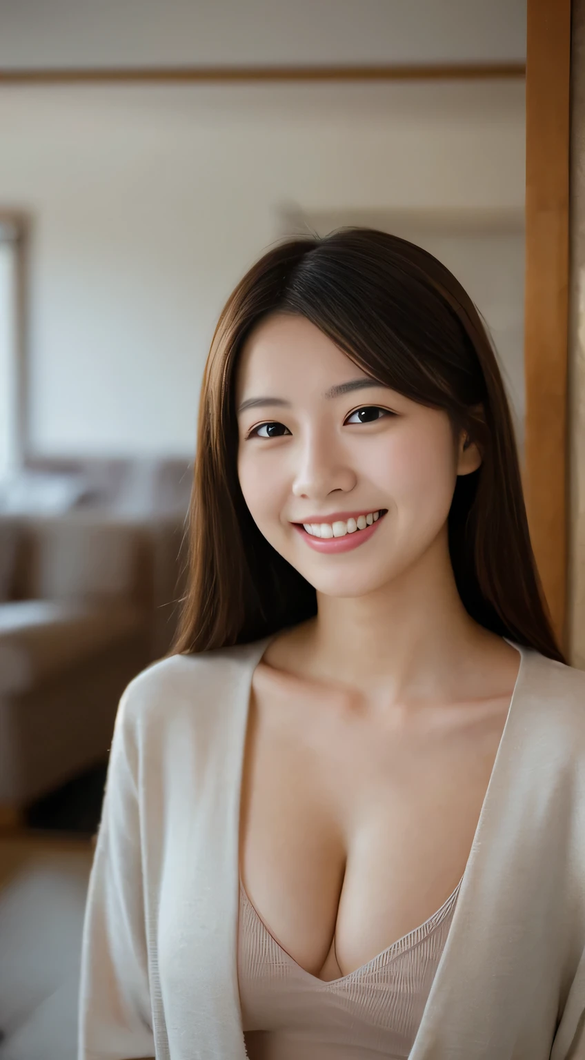 masterpiece,best quality,(Japanese ),((Beautiful girl)),cleavage,indoor,(perfect body beauty:1.2),(shy smile),beautiful teeth,