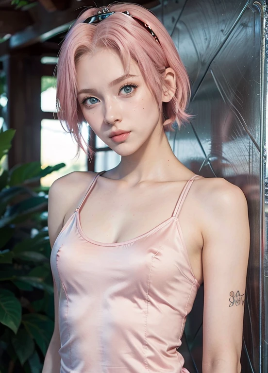 young woman, short shoulder-length pink hair, wide forehead, porcelain skin, pink eyebrows, big emerald green eyes, buttoned nose, full lips, heart-shaped face, slender body, small breasts, red tank top, Sakura Haruno , realistic, realism, details, 3d, well detailed