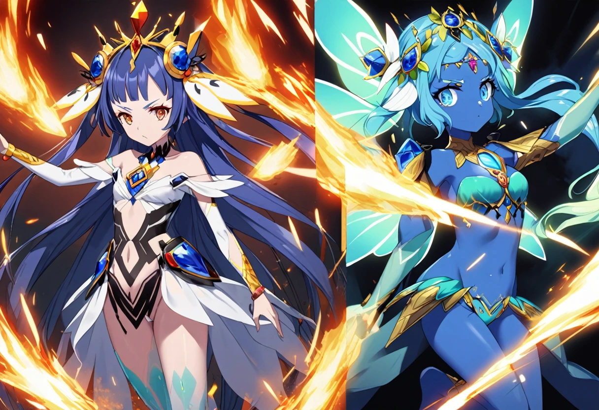 (2 subjects) (Subject 1: Cryptic girl in an action pose descending from the sky) and her companion (subject 2: a blue skinned water nymph, jewel adorned) combine their powers to fire an energy