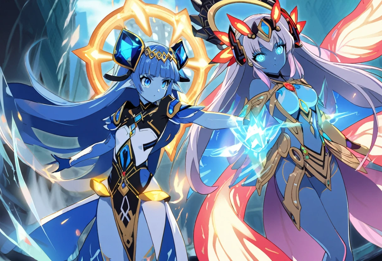 (2 subjects) (Subject 1: Cryptic girl in an action pose descending from the sky) and her companion (subject 2: a blue skinned water nymph, jewel adorned) combine their powers to fire an energy