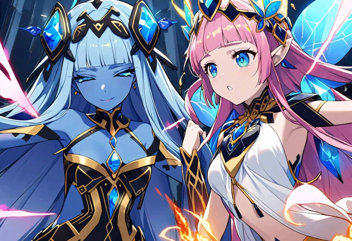 (2 subjects) (Subject 1: Cryptic girl in an action pose descending from the sky) and her companion (subject 2: a blue skinned water nymph, jewel adorned) combine their powers to fire an energy