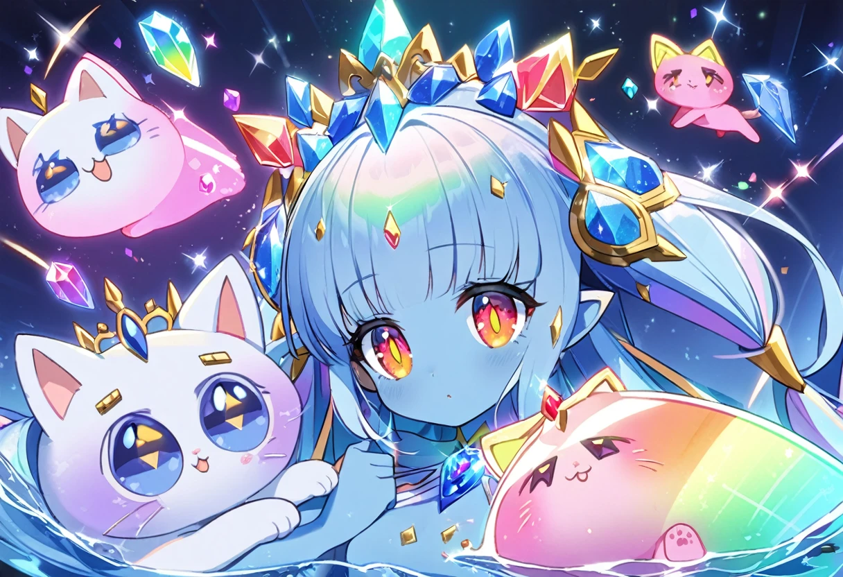 (2 subjects) (Subject 1: Cryptic girl in an action pose descending from the sky) and her companion (subject 2: a blue skinned water nymph, jewel adorned) have rescued a cute rainbow crystal kitty cat