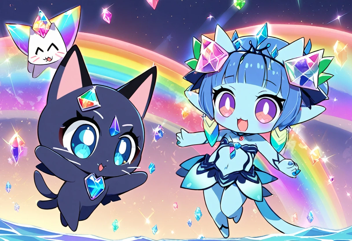 (2 subjects) (Subject 1: Cryptic girl in an action pose descending from the sky) and her companion (subject 2: a blue skinned water nymph, jewel adorned) have rescued a cute rainbow crystal kitty cat