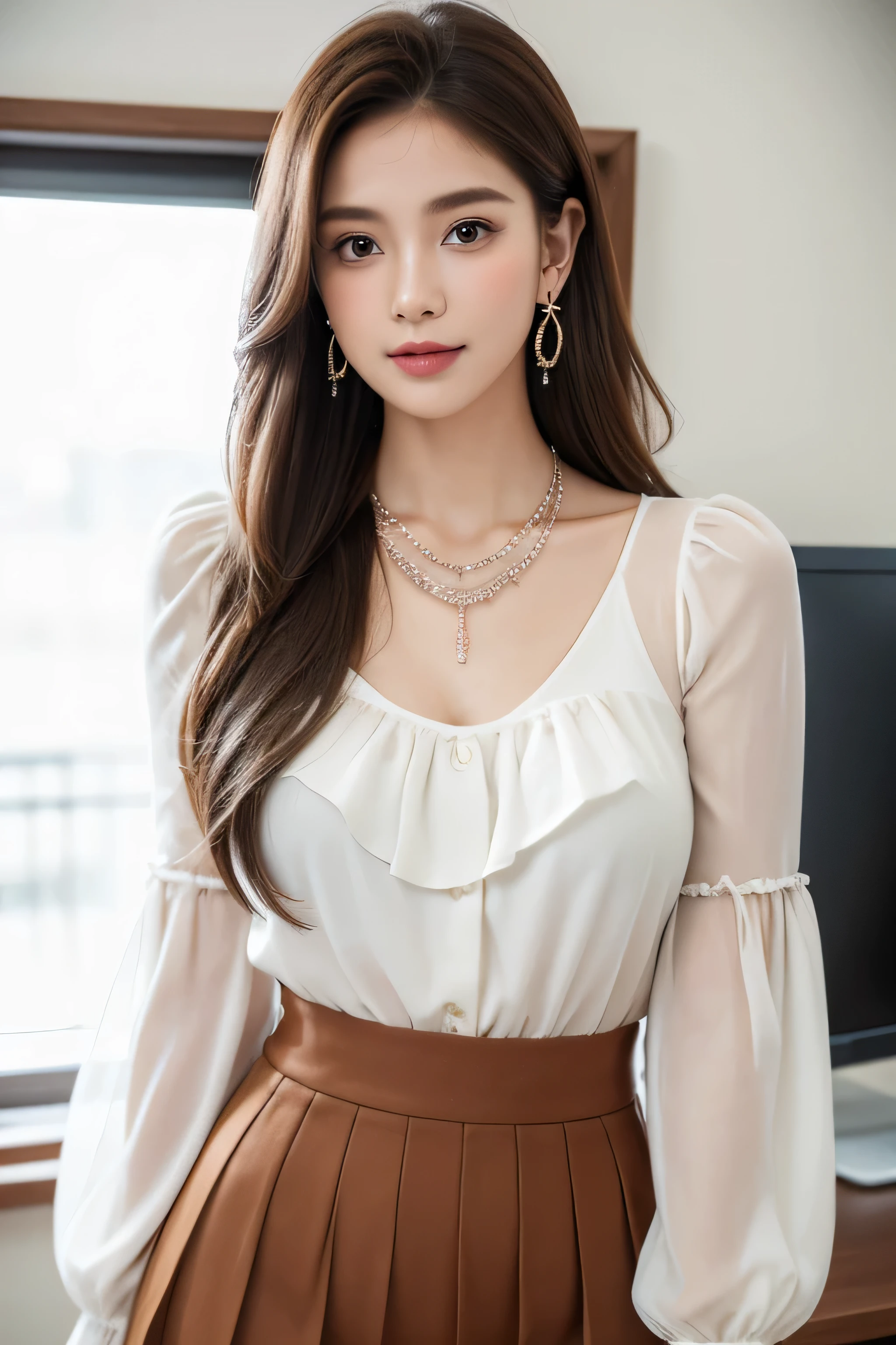 Ultra-high resolution, Better Quality, photo shoot, 4K, (Realistic:1.4) Freckle portrait photography , Big breasts super long brown hair, brown eyes,Wearing frilled white shirt_long see-through sleeves、Pleated mini skirt in off-white,shy smile,((Gorgeous necklace_Large earrings:1.2)),Clasp your arms in front of your chest、in the stylish office at night