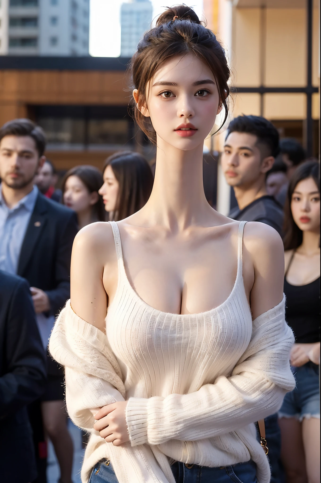 ultra detailed, best quality, a casual photo of a young woman standing in a crowd, loose short wavy hair, off the shoulder sweater, high rise shorts, massive breasts, cleavage, (longneck:1.45)