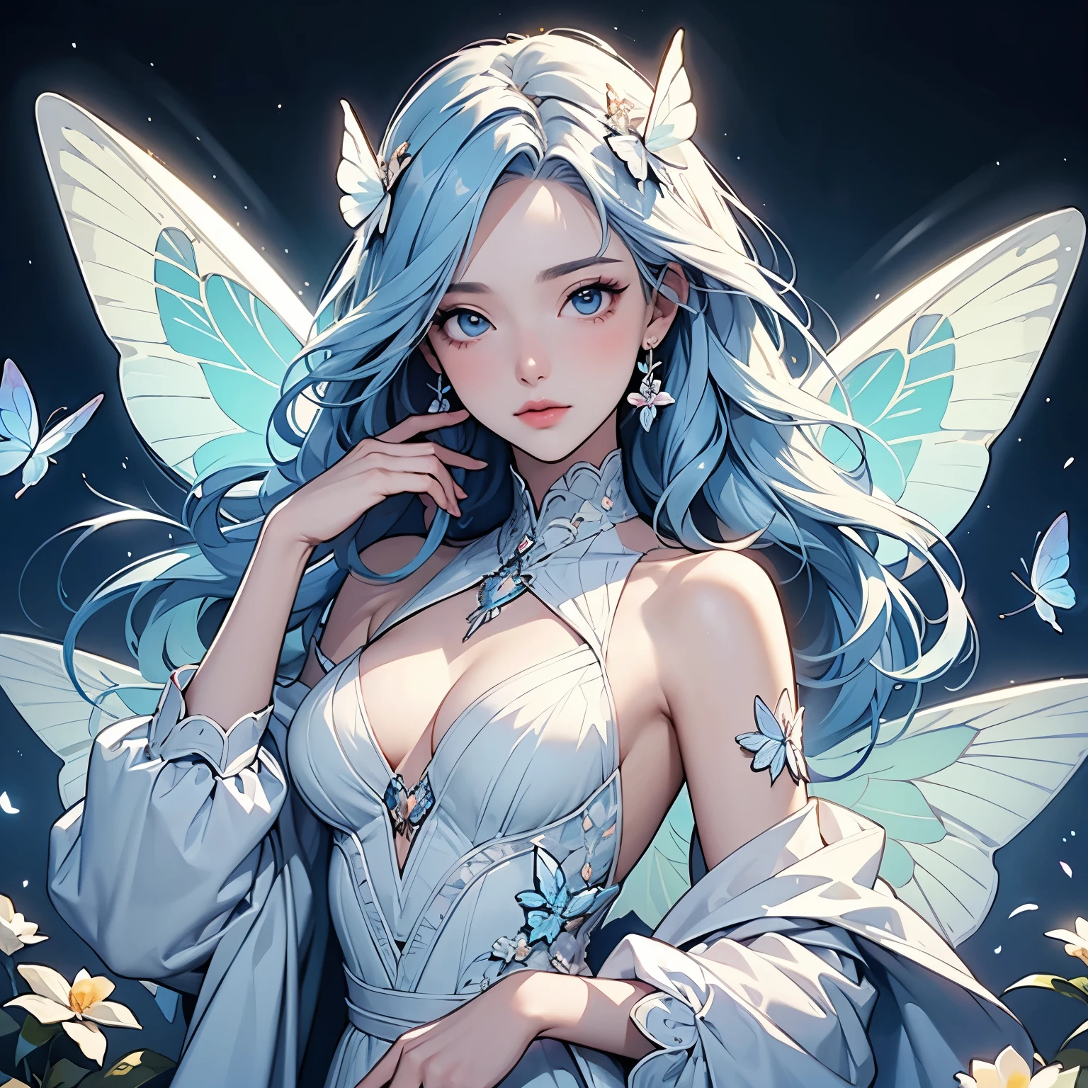 One woman, Very detailed , elegant , Light and vibrant colors , Lots of white butterflies , moonlight , Upper Body , 女god , Beauty , Big Rainbow , Long hair look , Light blue hair , Long sleeve clothes , Less exposed skin , Small breasts , Large butterfly wings growing , Lots of flowers , god々Shining light