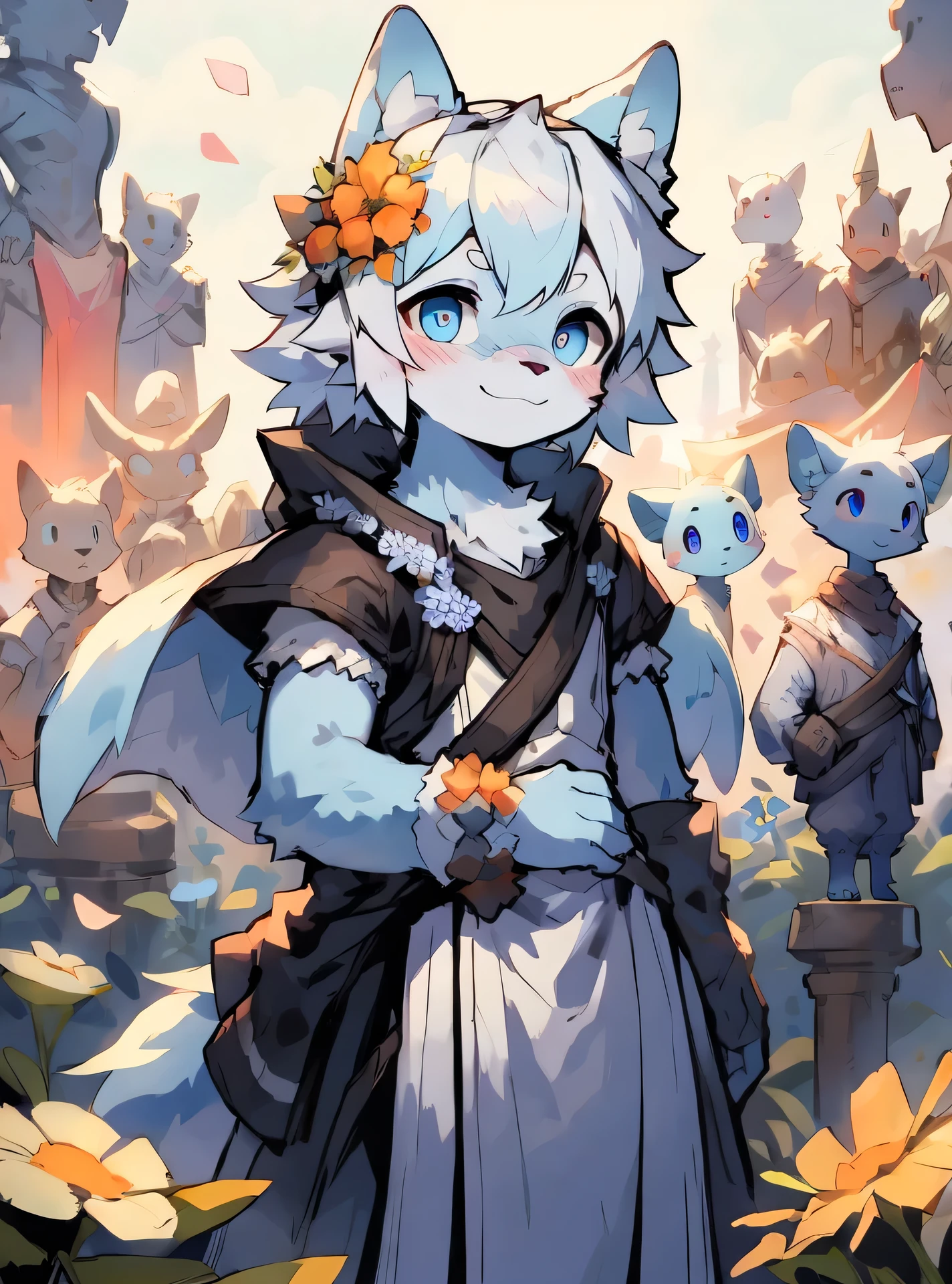 （masterpiece, best quality:1.3), high resolution, Wolf，White hair，The fur on the arms and calves is a gradient sky blue，Sky blue pupils，Sky blue ear hair，A flush on his face，Blurred eyes，Male beasts too，Long white hair，cute，Stand among the flowers，Wearing a white dress，Background with flowers，Wearing a wreath，Smile，Time: Noon