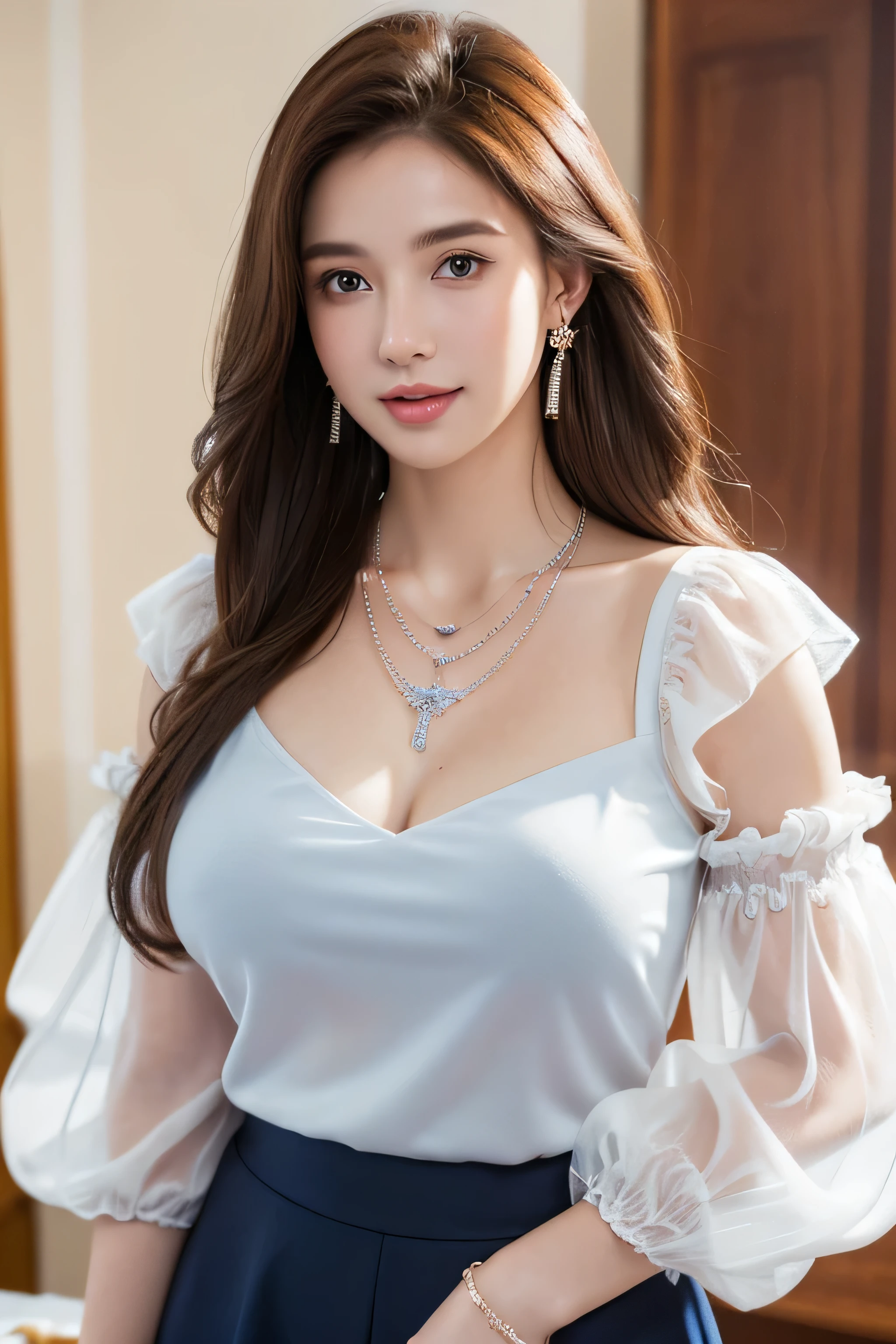 Ultra-high resolution, Better Quality, photo shoot, 4K, (Realistic:1.4) Freckle portrait photography , Big breasts super long brown hair, brown eyes,Wearing frilled white shirt_long see-through sleeves、blue flared mini skirt,shy smile,((Gorgeous necklace_Large earrings:1.2)),Clasp your arms in front of your chest、in the stylish office at night
