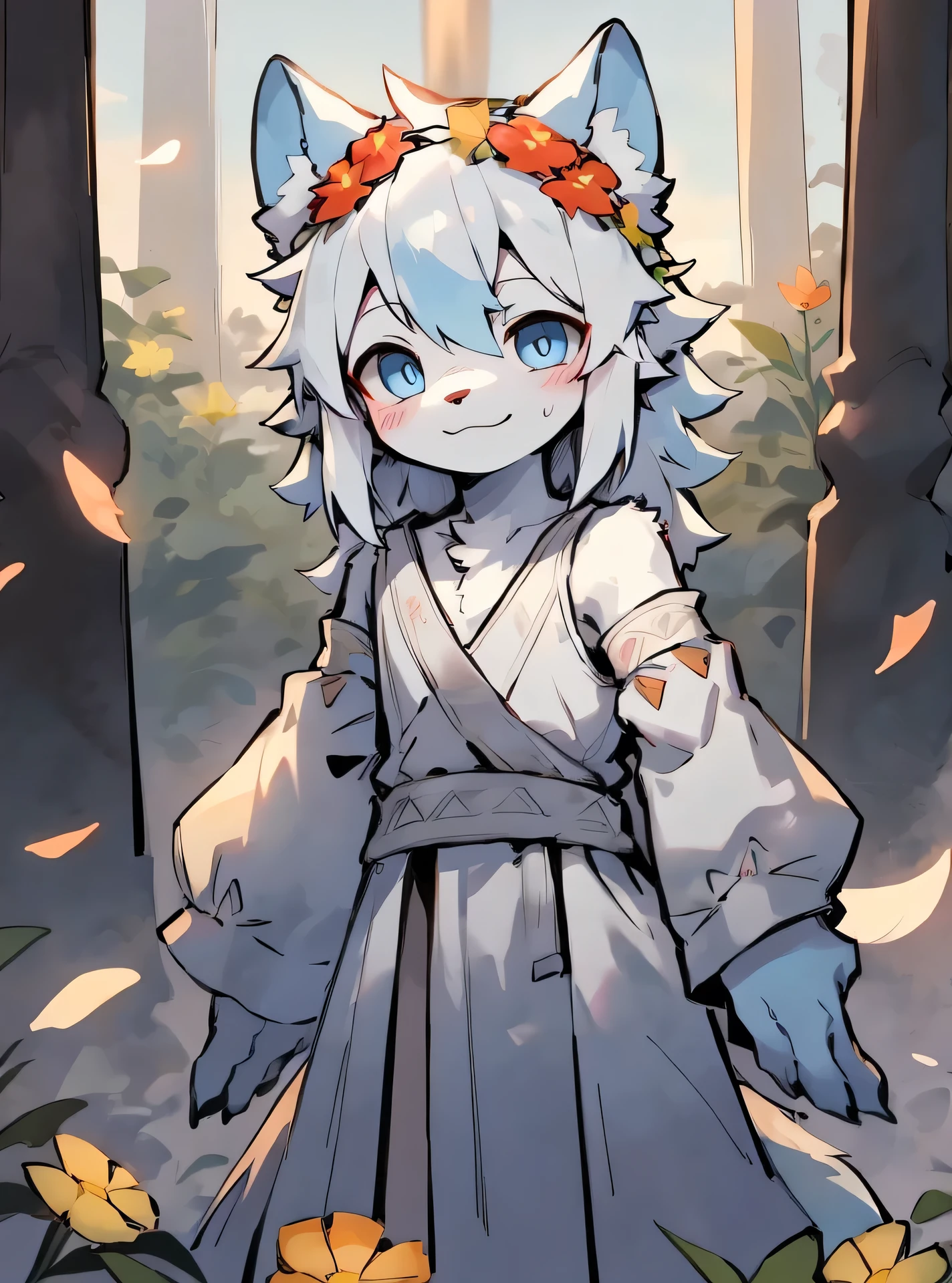 （masterpiece, best quality:1.3), high resolution, Wolf，White hair，The fur on the arms and calves is a gradient sky blue，Sky blue pupils，Sky blue ear hair，A flush on his face，Blurred eyes，Male beasts too，Long white hair，cute，Stand among the flowers，Wearing a white dress，Background with flowers，Wearing a wreath，Smile，Time: Noon