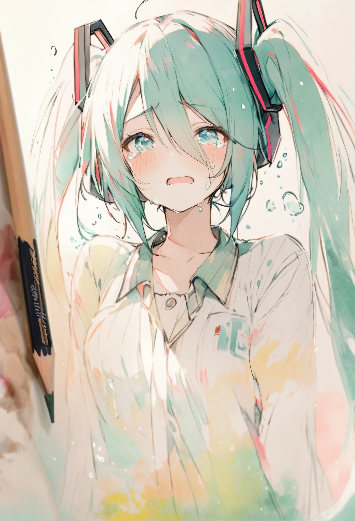 hasune_miku, tears of joy, tear dropping, fading out, disappearing, water color, high-res, pencil sketch, ultra detailed, 8k