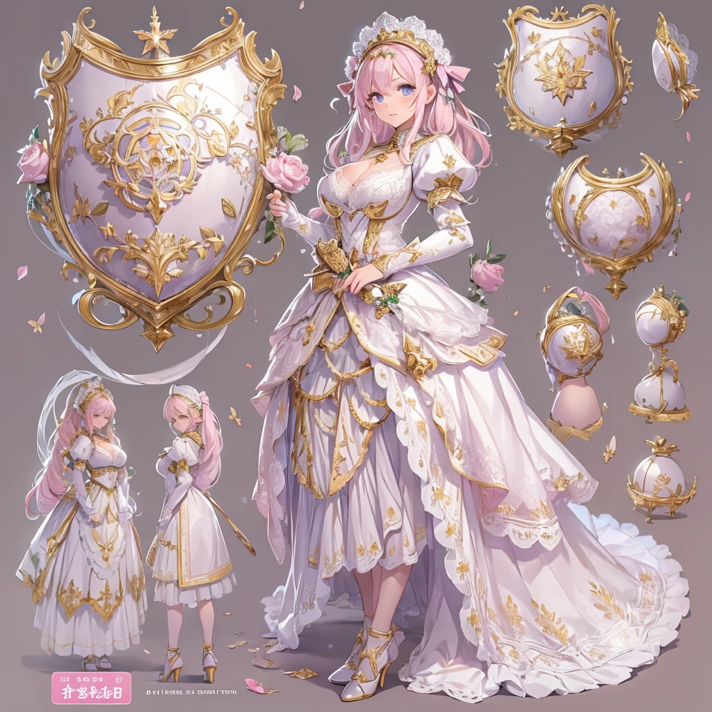 ((masterpiece, best quality)), Delicate face, Character Design Sheet, Full Body Love, Rich in details, Multiple poses and expressions, Very detailed, depth, Many parts,Beautiful maid,holding a shield,Double tail,fantasy style,Pink,Extremely beautiful,high balance, Natural light, Lace,lace pantyhose,Sunny décor,star decoration