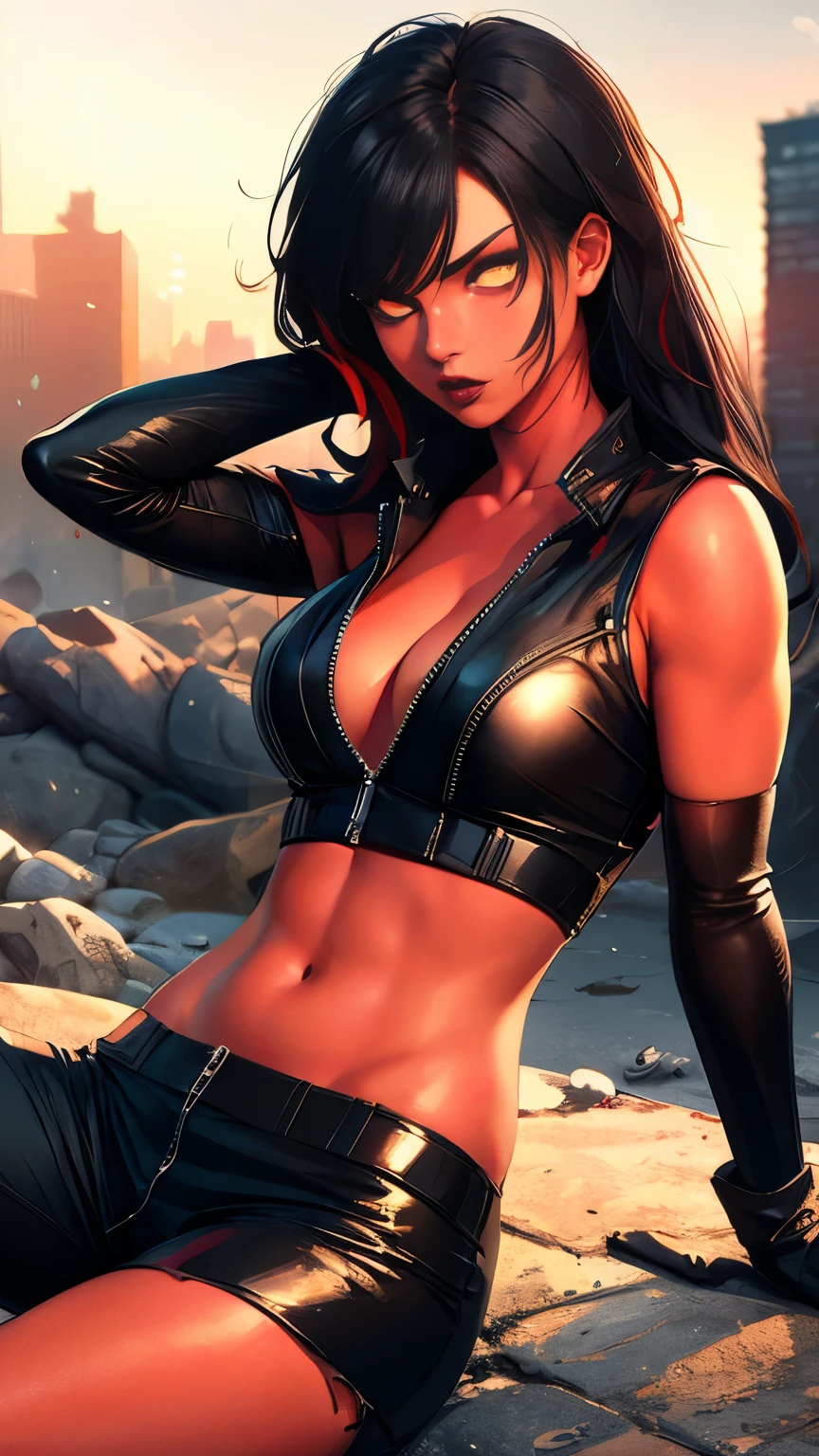 (Highly quality, masterpiece, detailed), Destroyed city detailed scenario, Destroyed detailed background, 20 years old girl, solo, Red skin, Black hair, Colored Skin, Black top, Leather top, Black pants, Leather Pants, Crop top, Black Sleeves, Long Sleeves, Black Gloves, Navel, Angry, sitting on a rock, beautiful eyes, perfect eyes, looking at the viewer, Sexy pose